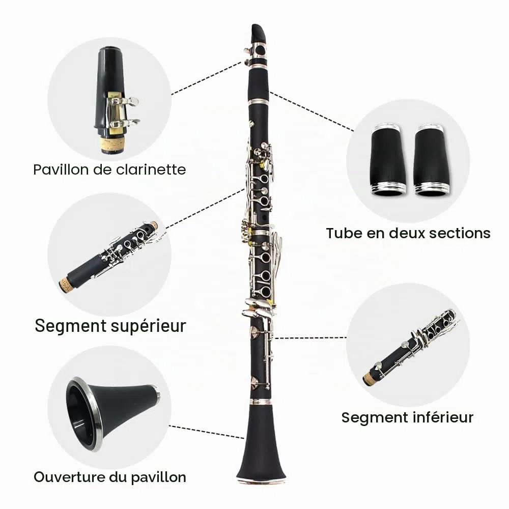 Yinfente Clarinette en Si Bémol pour Débutants et Étudiants, Noir, Ébonite, avec Étui de Clarinette, Kit de Nettoyage, Pie-Bouche, Graisse de Liège, 17 Touches, Standard