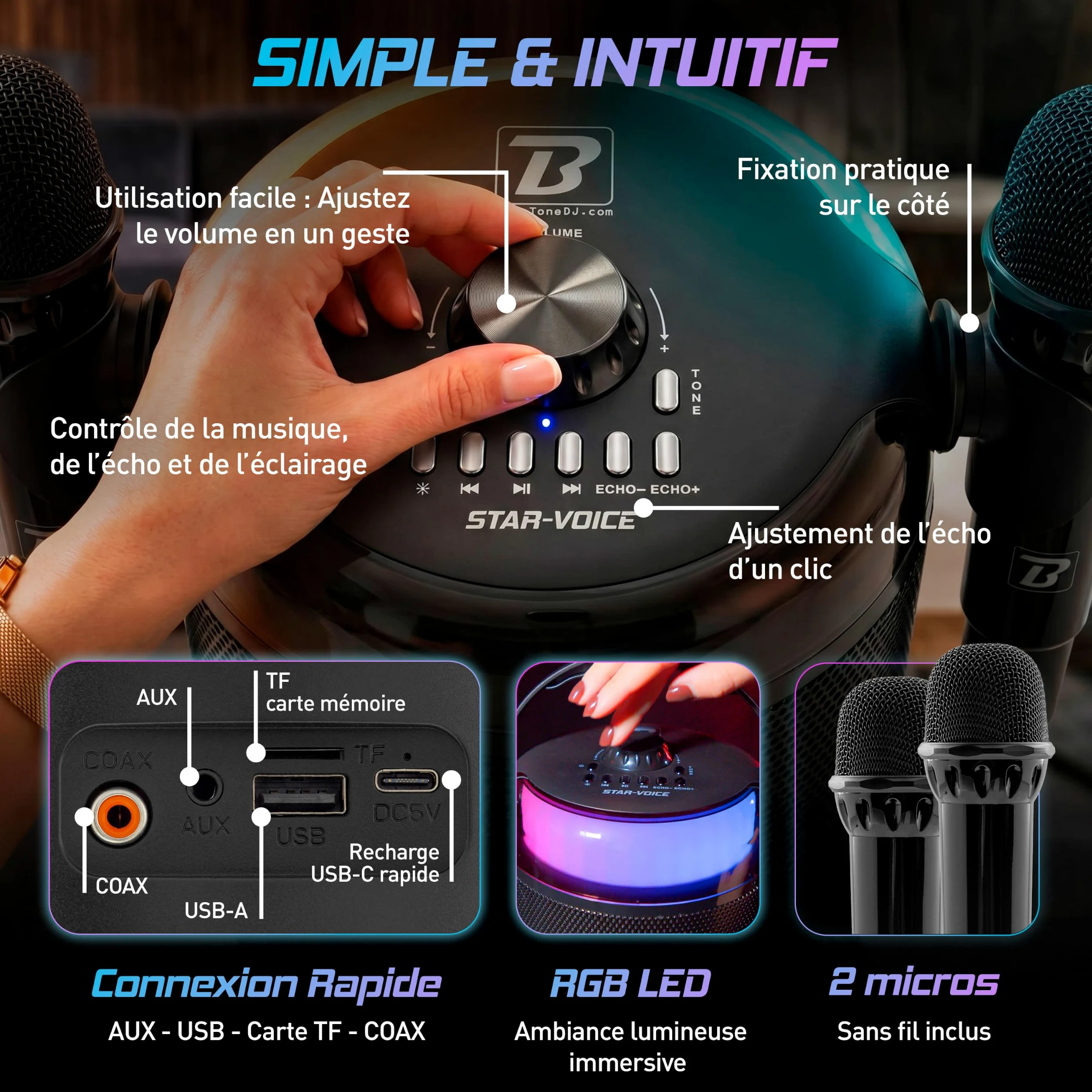BoomTone DJ Star Voice – Enceinte Karaoké Bluetooth Portable avec 2 Micros sans Fil, LEDs RGB et Changeur de Voix, Karaoké Enfant & Adulte pour Soirées et Anniversaires