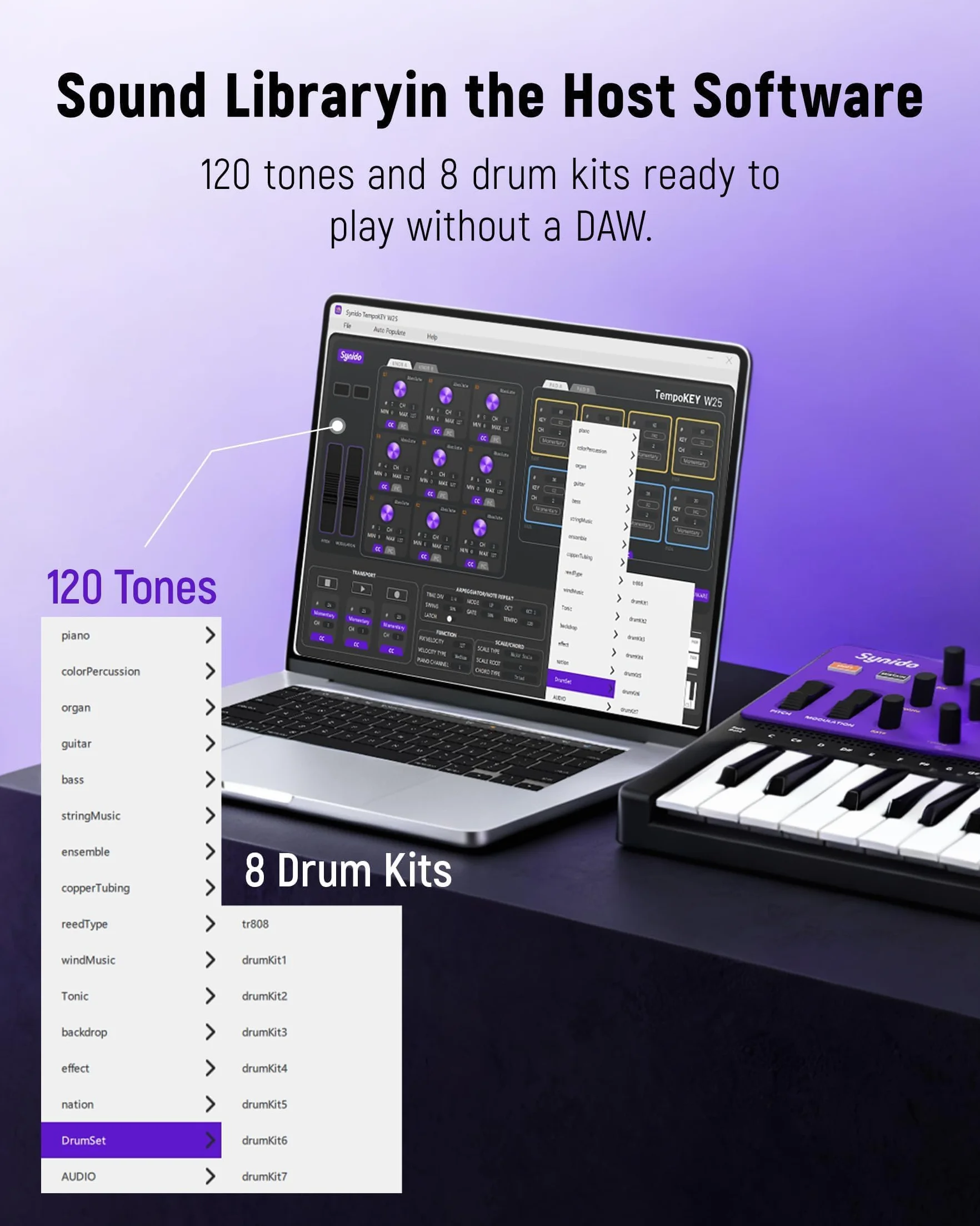 Synido TempoKEY W25 Clavier contrôleur MIDI USB C 25 touches Connexion sans fil rechargeable avec 8 pads RVB Velocity Écran OLED, MIDI In/Out/Thru, Clavier MIDI professionnel pour production musicale
