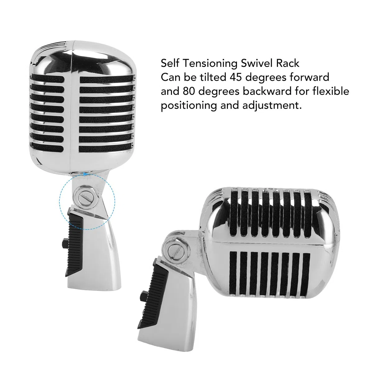 Microphone Vintage, Microphone Professionnel pour le Chant, Support Rotatif à Tension Automatique en Alliage de Zinc, Microphone Vocal Dynamique Rétro (SILVER)