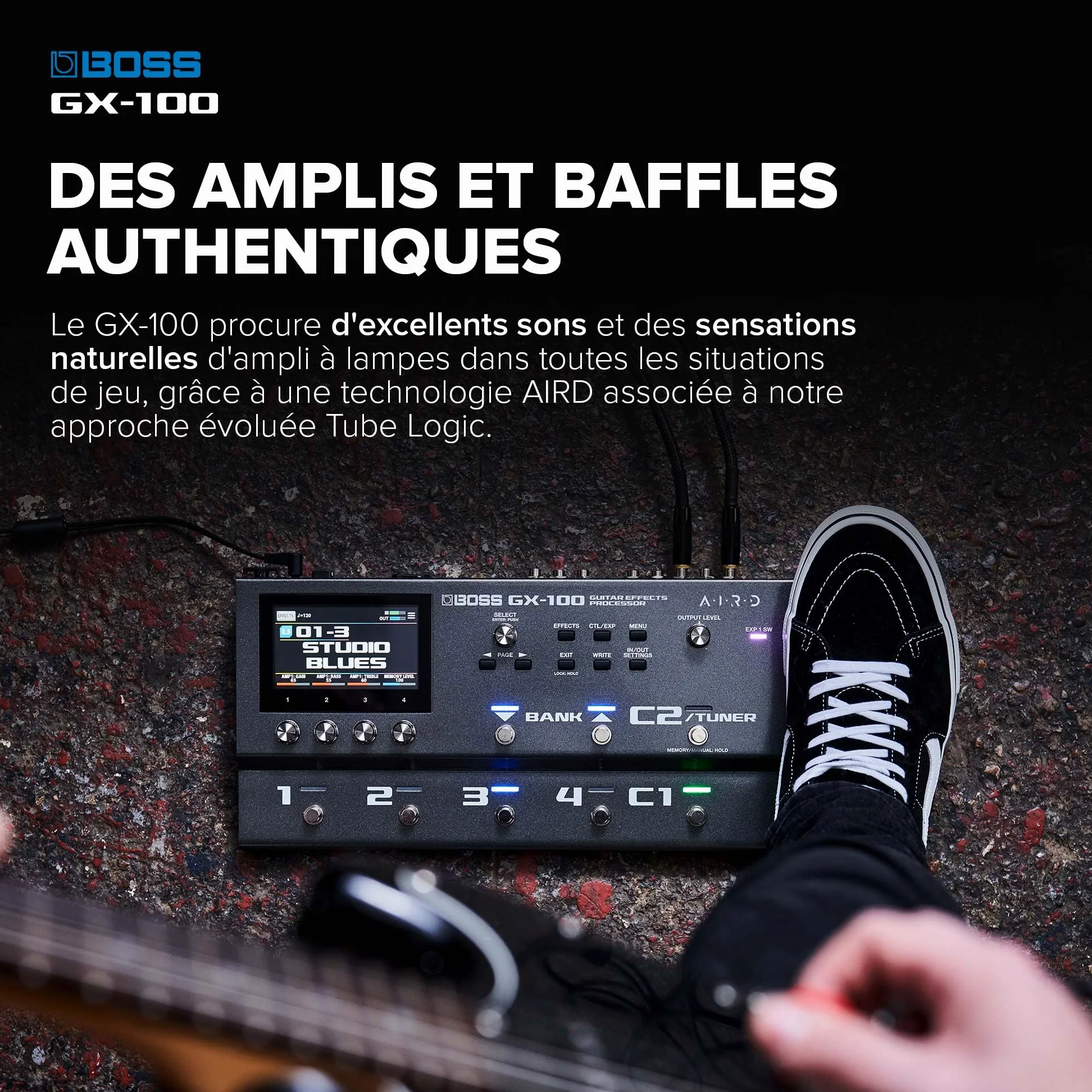 BOSS GX-100 | Processeur d'effets évolué pour guitare | Sons authentiques d'amplis à lampes grâce à la technologie AIRD | 32 types d'ampli et plus de 170 effets BOSS