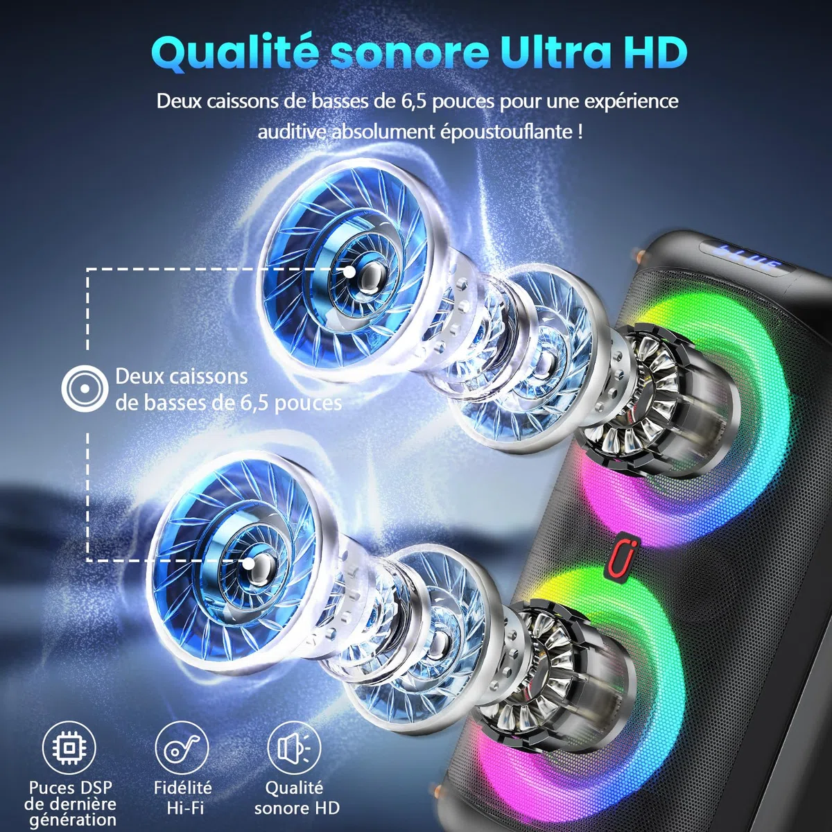 HWWR Enceinte Karaoke 2 Micro sans Fil, Puissance Max 300W Karaoké Professionnel, 10000mAh Portable Bluetooth 5.3 avec LED Haut-Parleur Amplifié Portable Système Karaoké Soutien