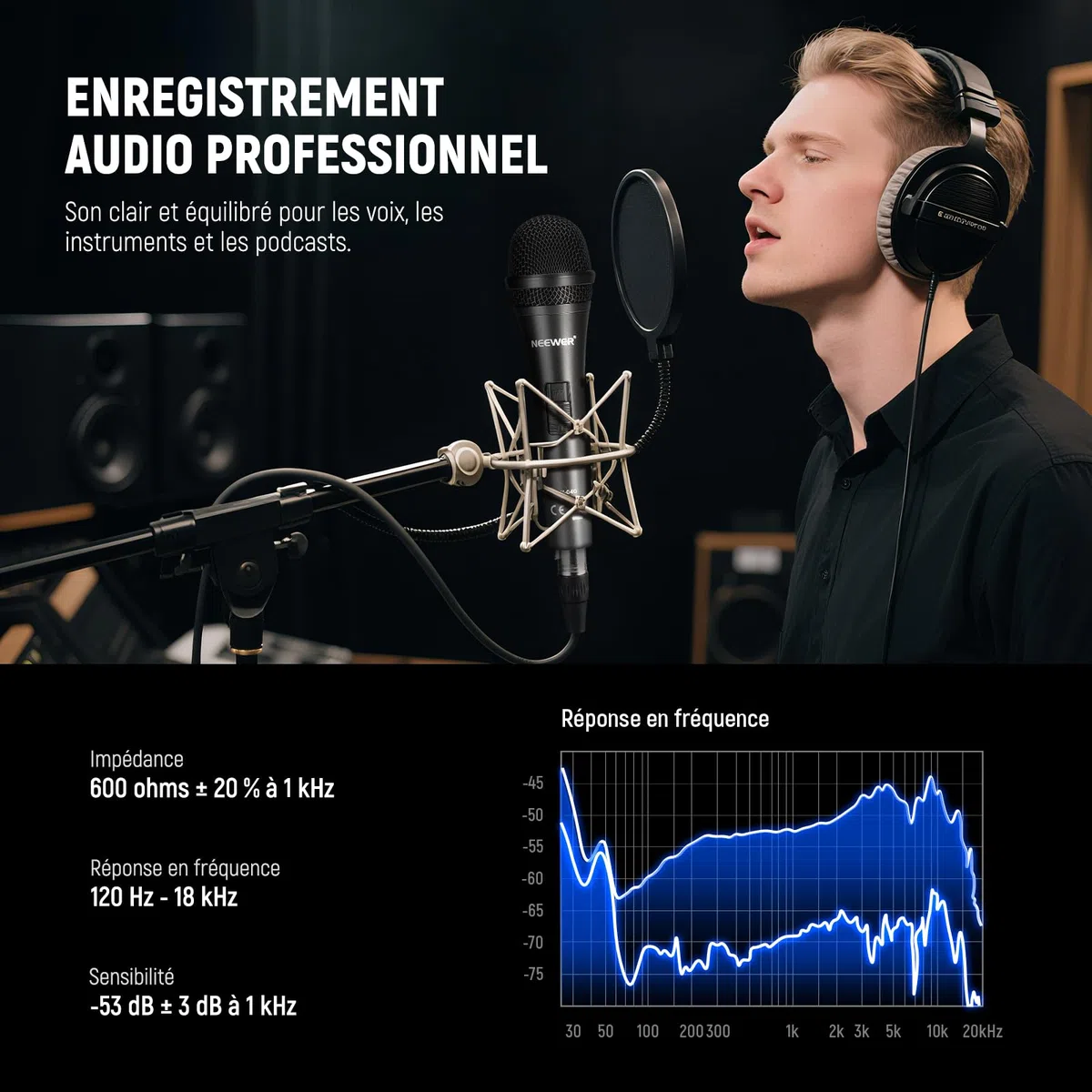 NEEWER Microphone Dynamique Cardioïde avec Câble Mâle XLR à Femelle XLR, Construction Métallique Rigide pour Pickup Professionnel d'Instruments de Musique, Voix, Radiodiffusion, Discours, Noir(NW-040)