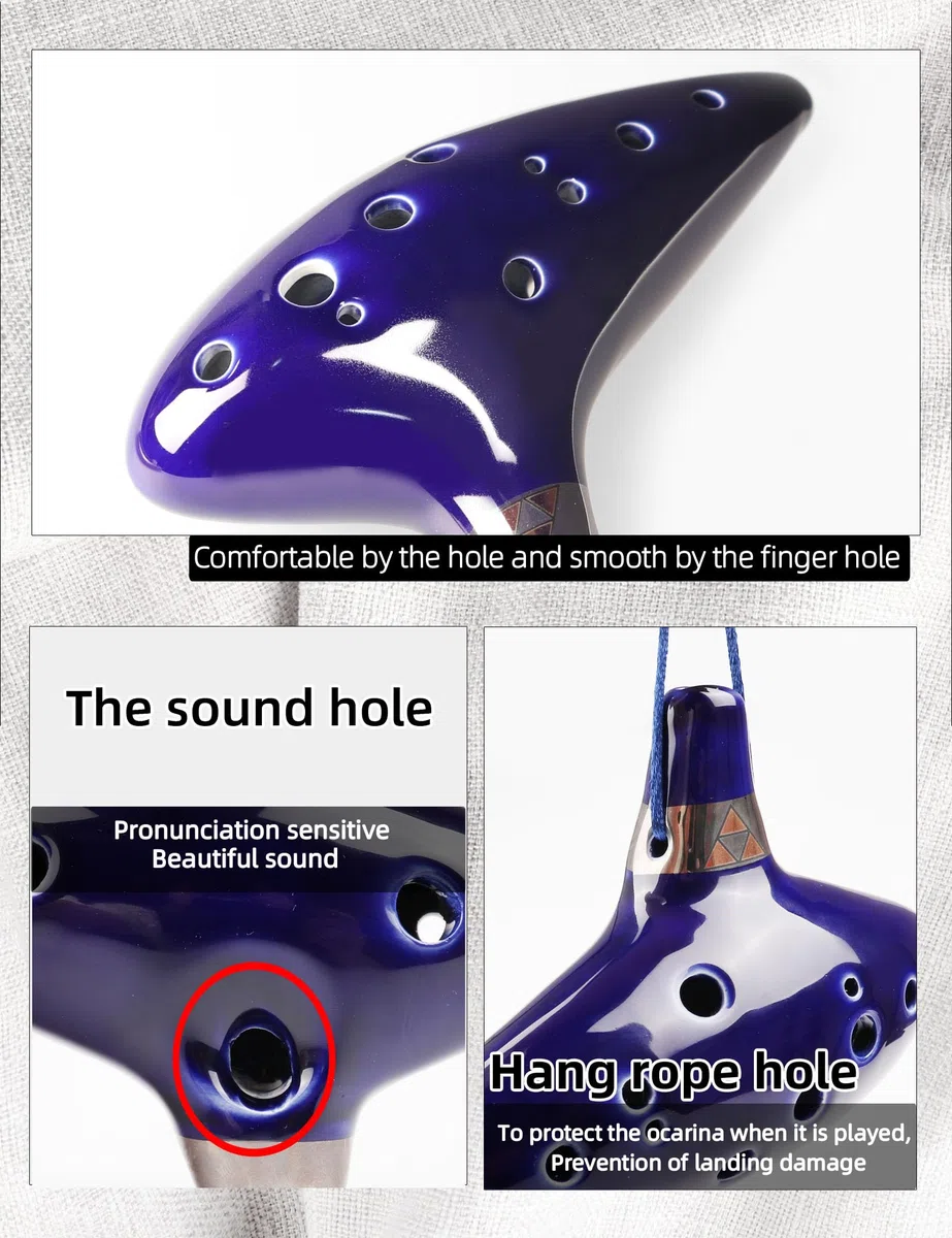 Mr.Power Ocarina Alto Do 12 trous en céramique bleue avec sac et livre de chansons, compatible avec les débutants, les fans de Zelda, les instruments de musique