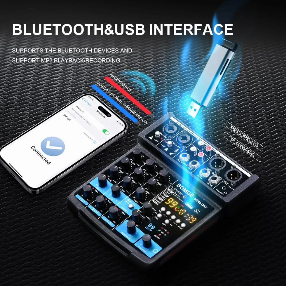 BOMGE -04F Table de mixage audio DJ 4 canaux avec MP3/USB Bluetooth,/48V/99 effets DSP pour la diffusion en direct