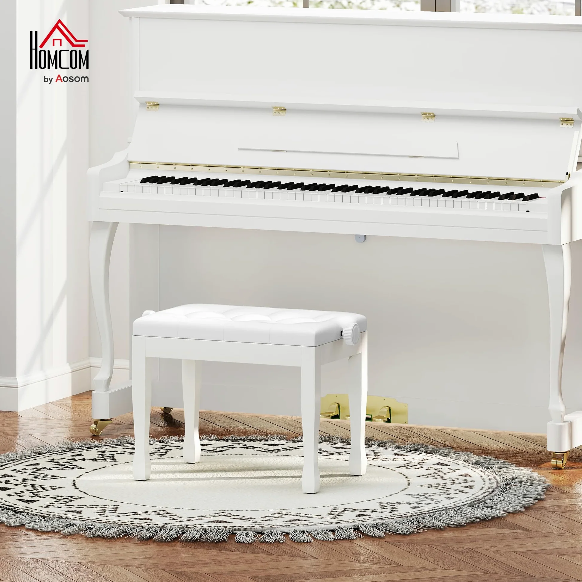 HOMCOM Banc de Piano, Banc de Clavier réglable en Hauteur en Bois Massif, Tabouret Piano avec siège rembourré polyuréthane à 10 Boutons, Stable et antidérapant, Charge 200kg, Blanc