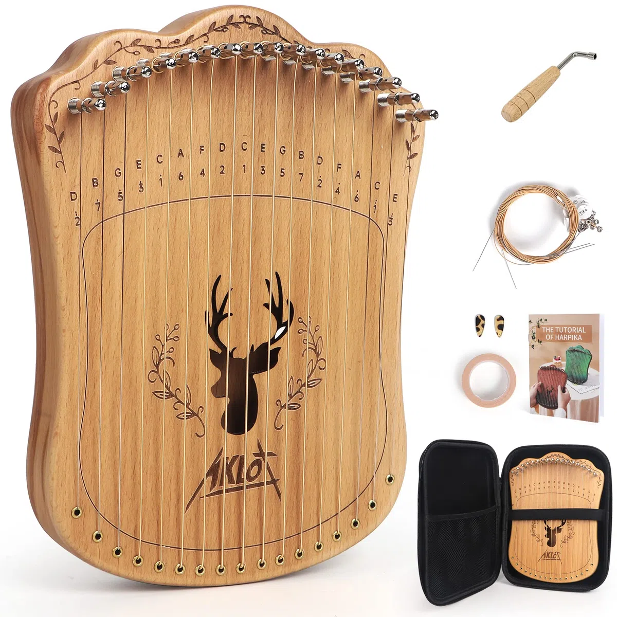 Lyre Harp, AKLOT harpe lyre 17 cordes métalliques lye harp thumb piano avec clé d'accord jeu de cordes de rechange sac de transport noir