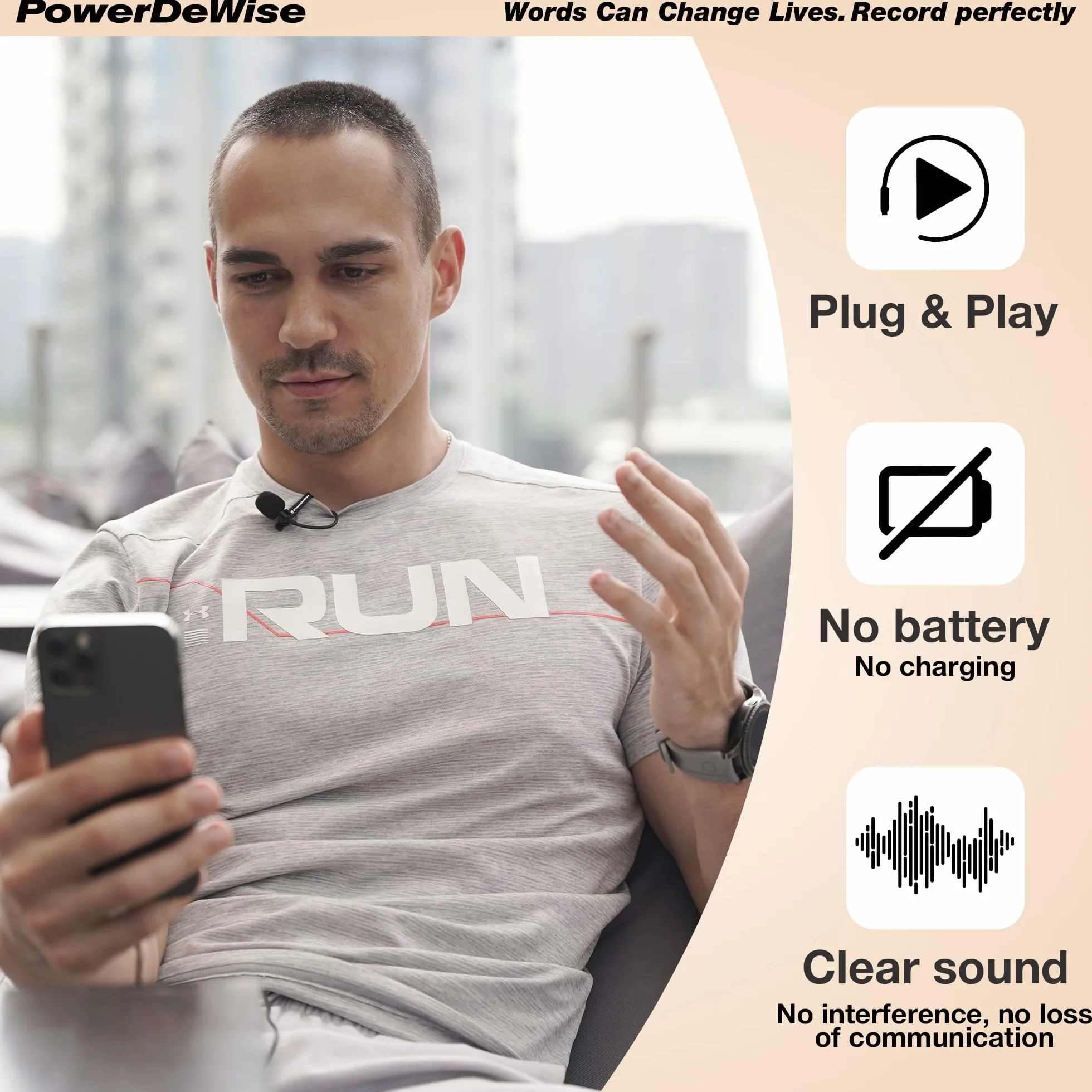 PowerDeWise Professionnelle Lavalier Lapel Microphone Omnidirectionnel avec système Easy Clip on, Micro Cravate Parfait pour l’Enregistrement Youtube/Entrevue/Vidéoconférence/Podcast/Dictée vocale