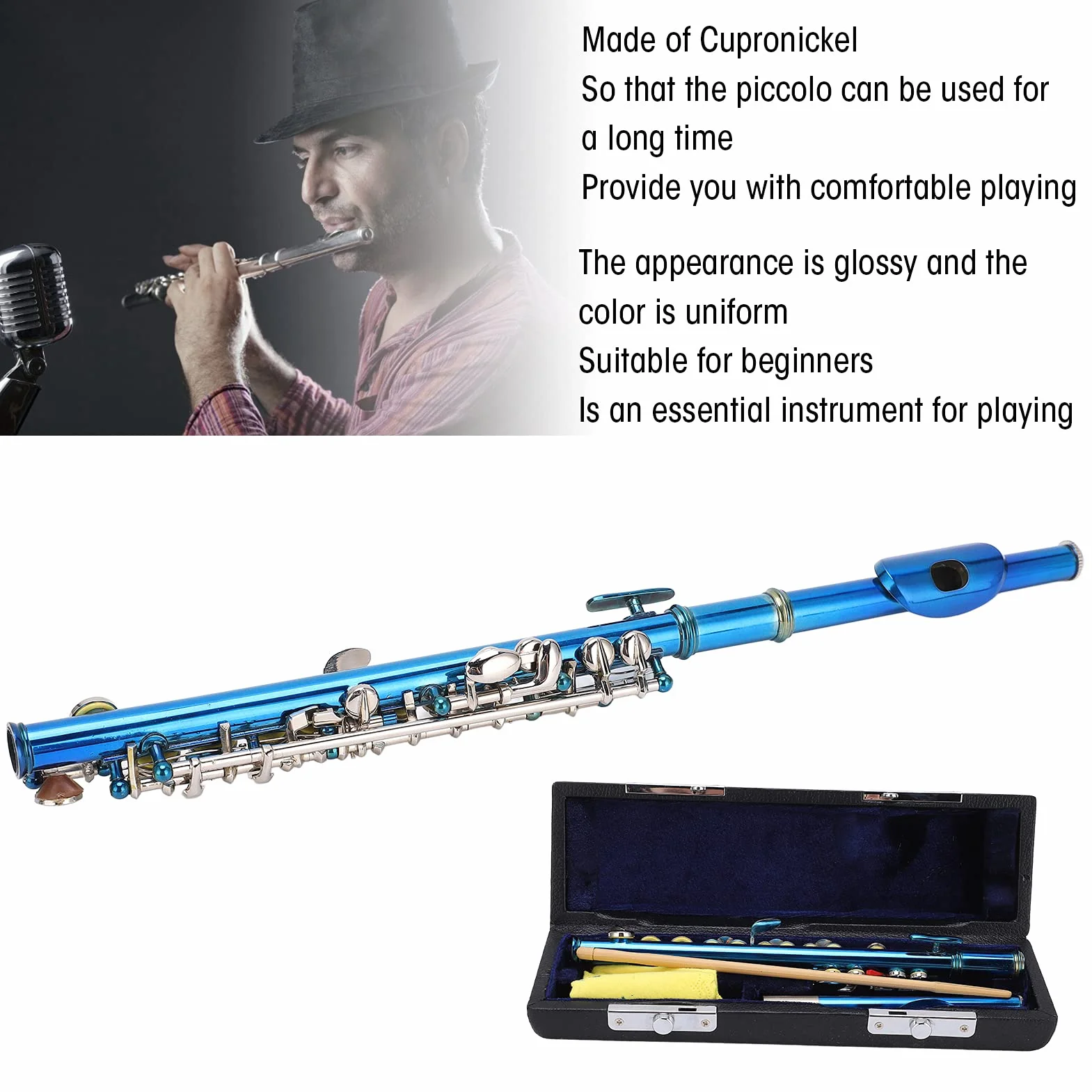 Instrument Piccolo pour les étudiants des Débutants, Flûte de Piccolo de Tasse avec 6 Trous E Key, Son Premium avec Kit de Nettoyage, Boîtier de Transport (bleu)