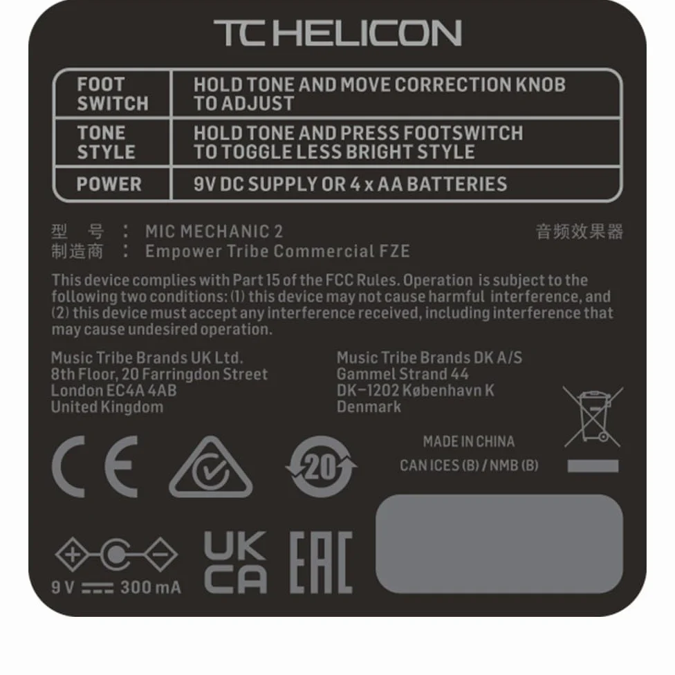 TC Helicon Mic Mechanic 2 Pédale de Compression Vocale Ultra-Simple Alimentée par Pile avec Réverb, Écho et Correction de La Justesse