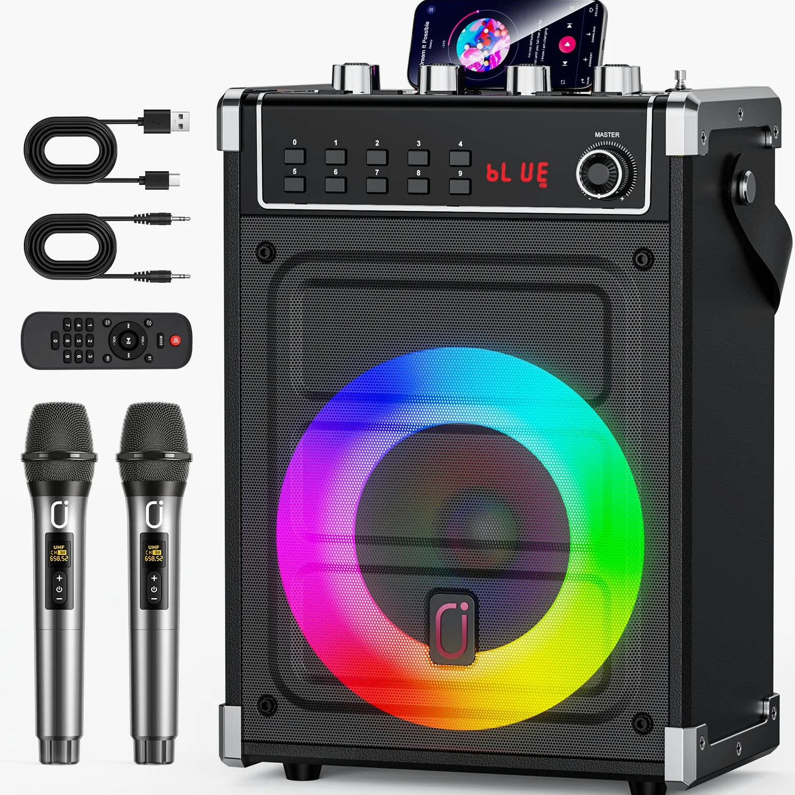 JYX Machine Karaoke Adulte, 380W Puissance, Enceintes Karaoké Professionnelles avec 2 Micro sans Fil et Lumières Fête DJ, Système karaoké Portable Compatible TWS/AUX/FM/USB/TF, Noir