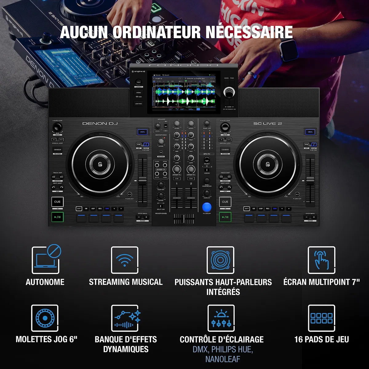Denon DJ Contrôleur DJ autonome avec Amazon Music, écran tactile 7", Wi-Fi, haut-parleurs, compatible Serato DJ et Virtual DJ