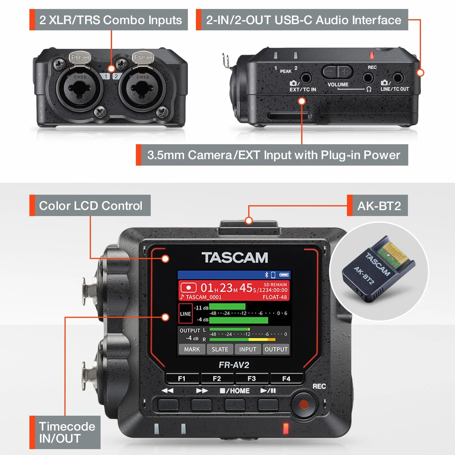 TASCAM FR-AV2 – Enregistreur de terrain compact 32 bits à virgule flottante et générateur de code temporel avec mixeur