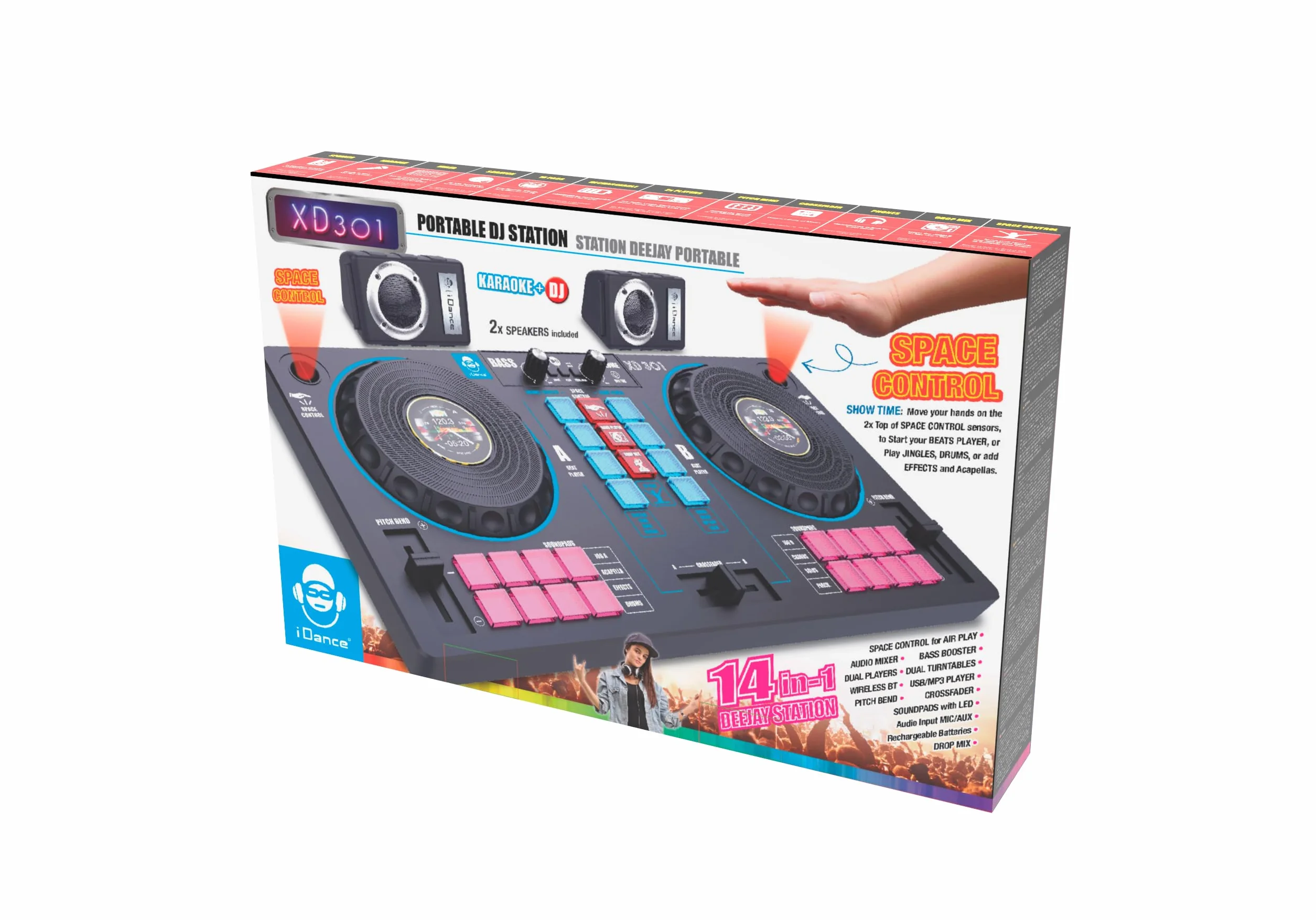 Cefa Toys Station de DJ portable avec haut-parleurs et contrôle spatial 14 en 1, avec tourne-disque, crossfader et plus de 144 combinaisons de Mix, comprend un lecteur Bluetooth et USB et une batterie