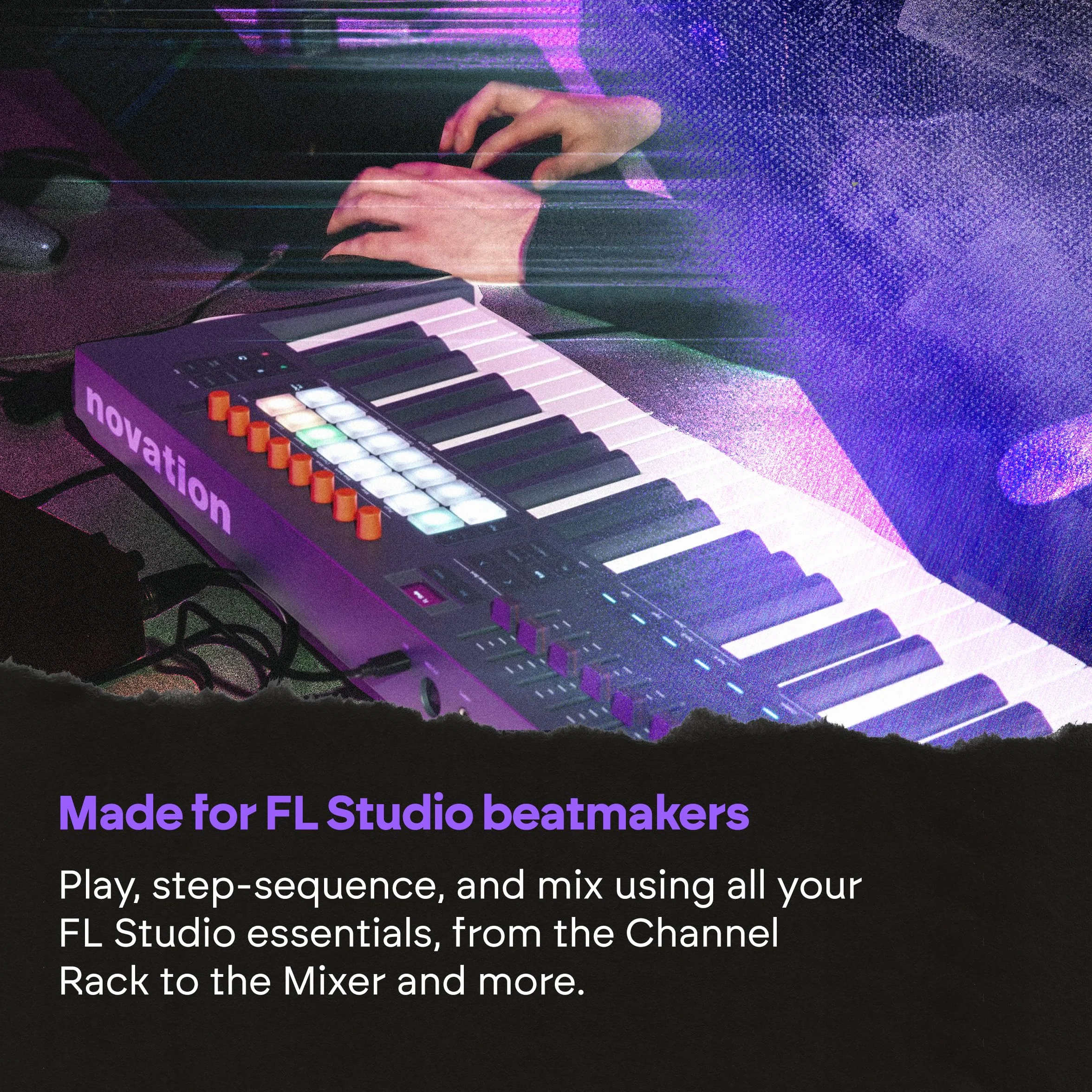 Novation FLkey 2 49 — clavier USB MIDI semi-lesté pour FL Studio. Créez des beats avec des molettes de pitchbend et de modulation, 16 pads rythmiques, un arpégiateur et 6 mois d’abonnement à FL Studio