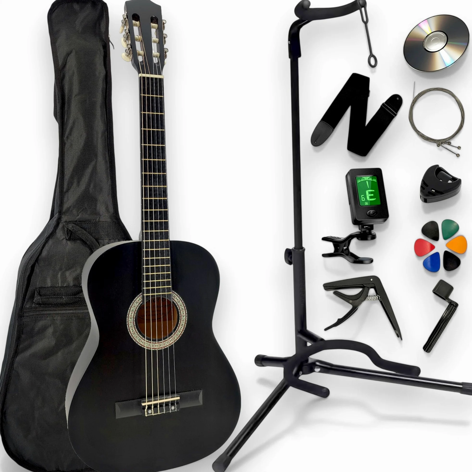 Pack Guitare Classique 4/4 Droitier + Support Pied + Housse Sac à Dos + 11 Accessoires + CD & Cours Vidéo (Noir, 4/4, Droitier)