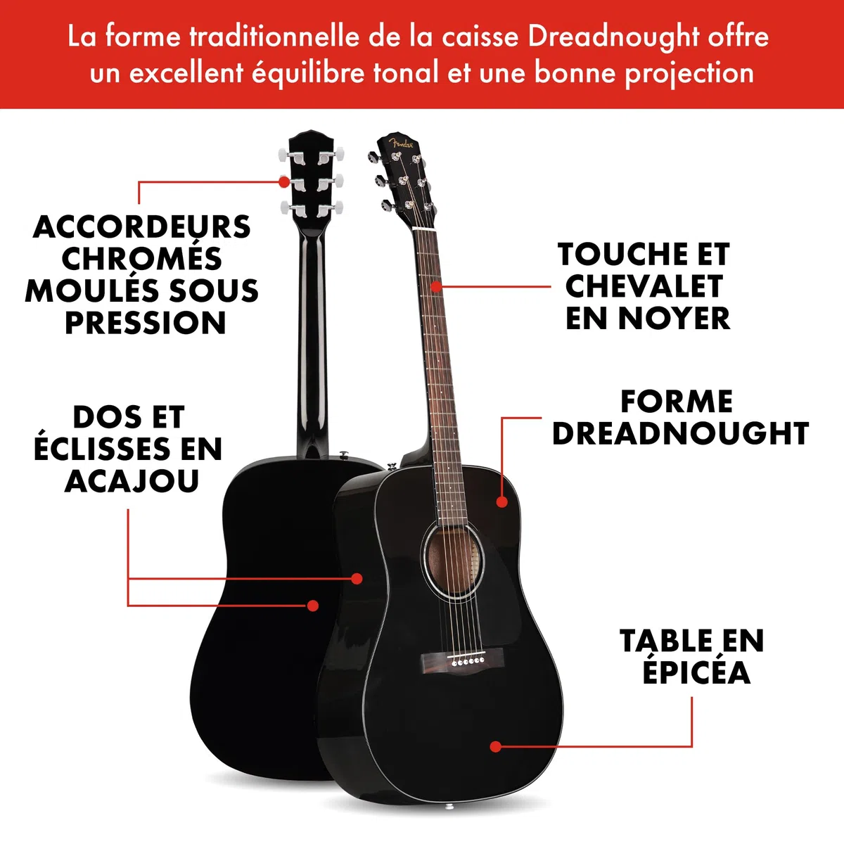 Fender Guitare Acoustique CD-60 Dreadnought V3, Touche en Noyer, Noir, Idéale pour les Guitaristes Débutants et Intermédiaires, Incluant des Cours Virtuels Gratuits sur Fender Play