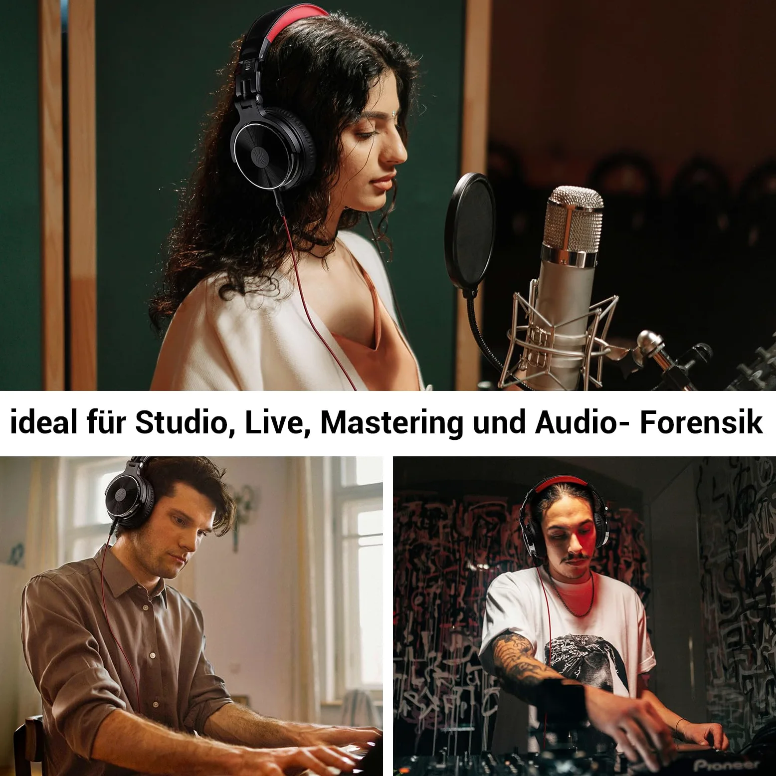 OneOdio Casque Audio Filaire DJ Piano Guitare avec Micro, Hi-Res Audio Extra Basse Son, Léger Confort Pliable Casques avec Share-Port, 2 câbles - Headphone pour PC Studio Monitor AMP Pro-10(Rouge)