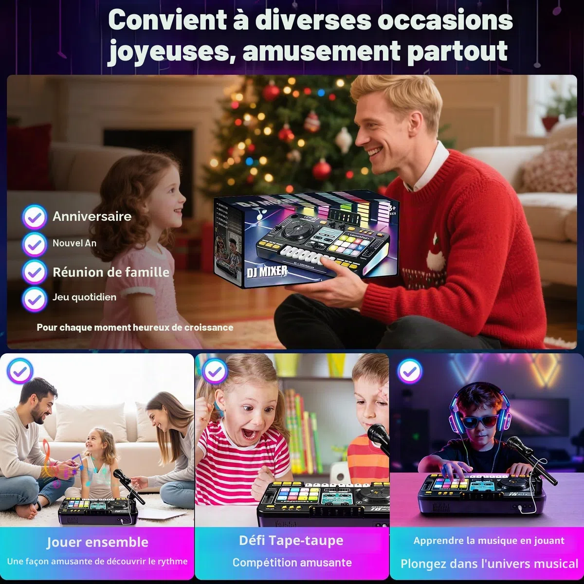 Platine DJ Enfant, Table Mixage Enfant, Table de Mixage DJ Set Jeu, avec Bluetooth, Microphone, Jeux Lumineux, Chargement USB, Convient pour 3 à 10 ans, Jouet pour Fêtes Familiales et Divertissement
