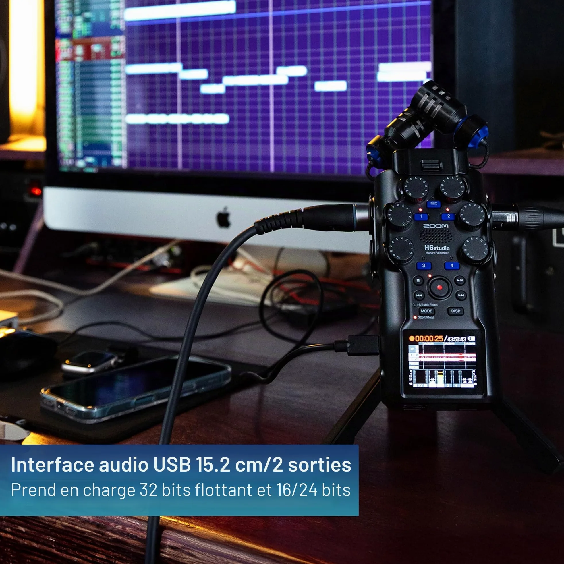 Zoom - H6Studio enregistreur 6 pistes 32 bits à virgule flottante 192 kHz avec mode 16/24 bits, gain, limiteurs, capsule XYH-5e, compatible SSH-6e-EXH-6e, mode interface audio Mac, Pc, iOS, Android
