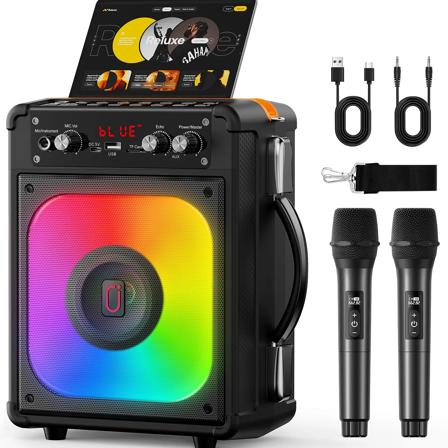 HWWR Enceinte Karaoke 2 Micro sans Fil, 60W Haut-Parleur Karaoke Complet avec Lumières de fête, Karaoke Adulte et Enfants, Portable Système Karaoké Support TWS/AUX/FM/USB/TF Carte