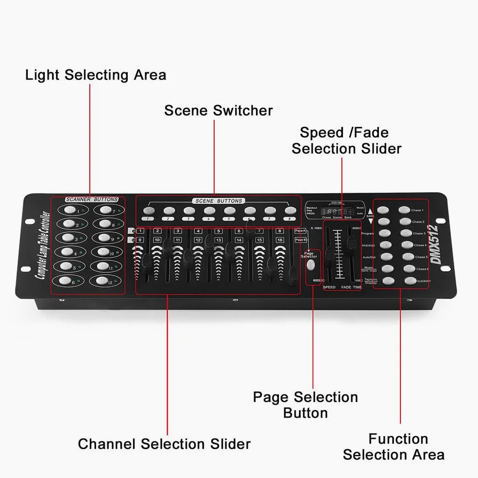 DMX-512 Contrôleur Console 192 Canaux DJ Lumière Contrôleur Console 240 Scènes pour Mini Contrôleur DMX Pupitre de Lumière Fête DJ Disco Moving Head Lumière Scène Lampe Opérateur Équipement (Noir)