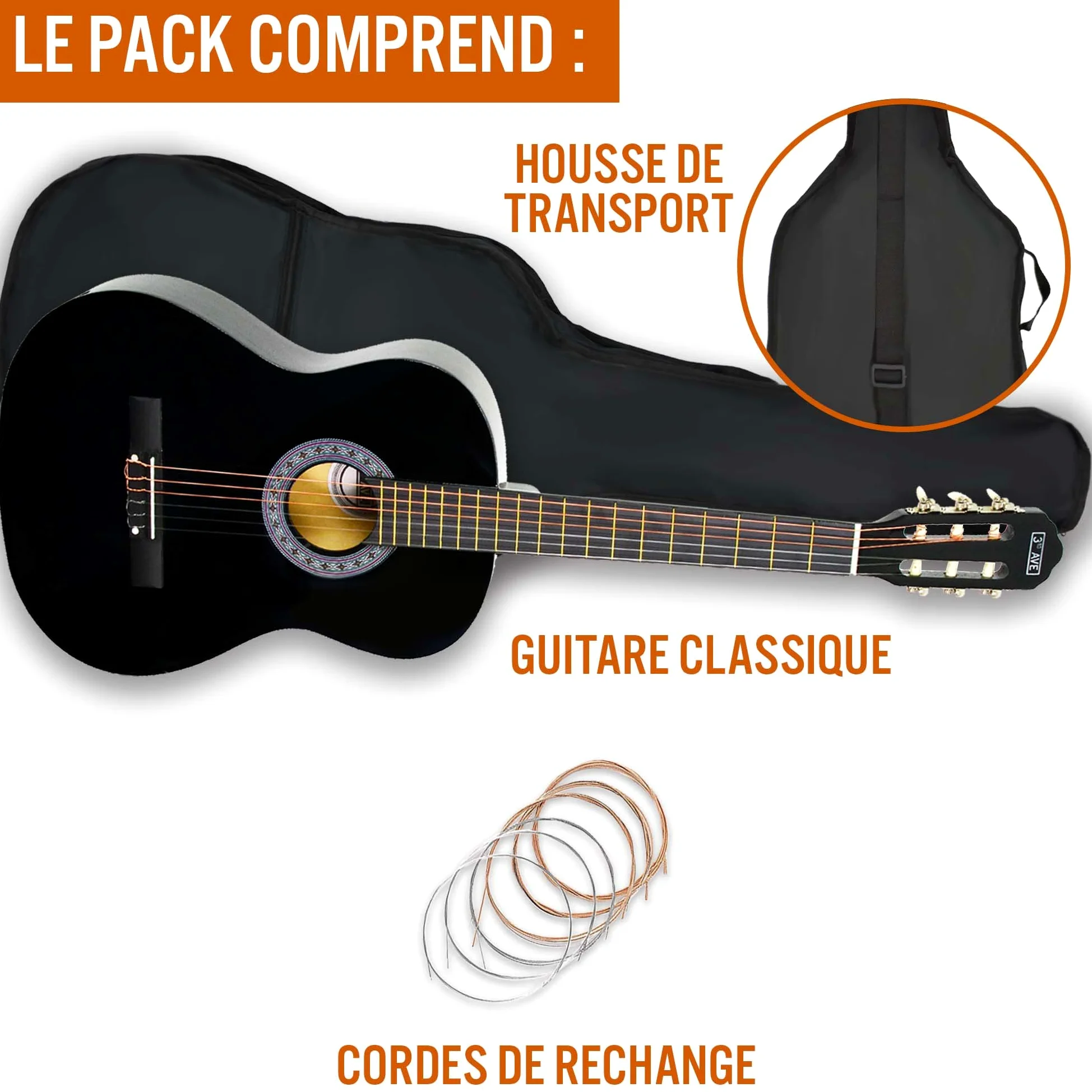 3rd Avenue Guitare Classique 4/4 Pleine Grandeur Avec Cordes En Nylon Espagnol Pour Débutant - 6 Mois De Cours Gratuits, Sac, Cordes - Noir