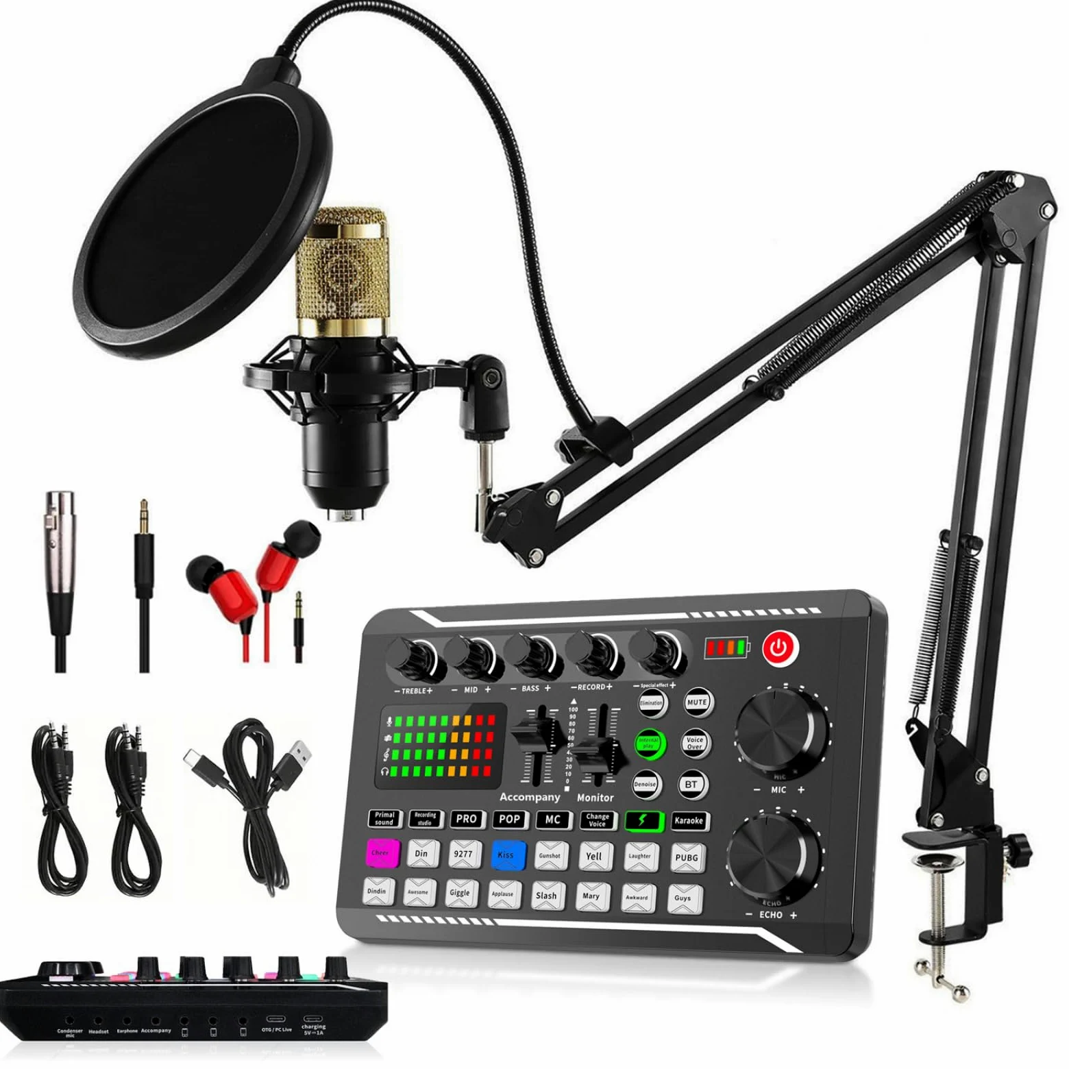 Ensemble de microphone pour podcast, BM-800 Ensemble de microphones à condensateur avec kit de carte son F998 en direct, ensemble d'équipement de podcast avec changeur de voix et fonctions de mixage