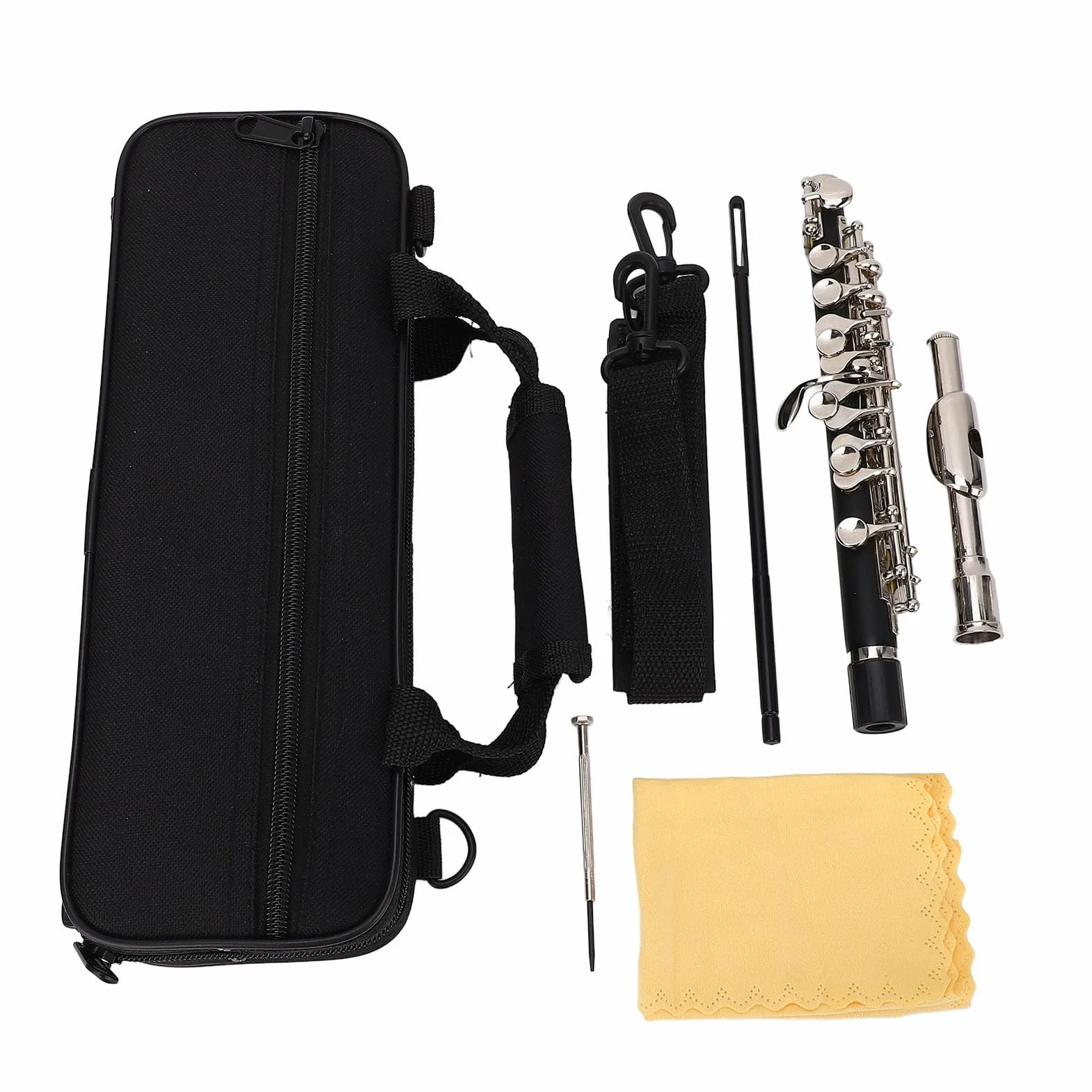 Flûte Piccolo à clé C, Instrument Piccolo pour étudiants Débutants avec Kit de Nettoyage, étui de Transport, Tige de Réglage, Tournevis à Flûte