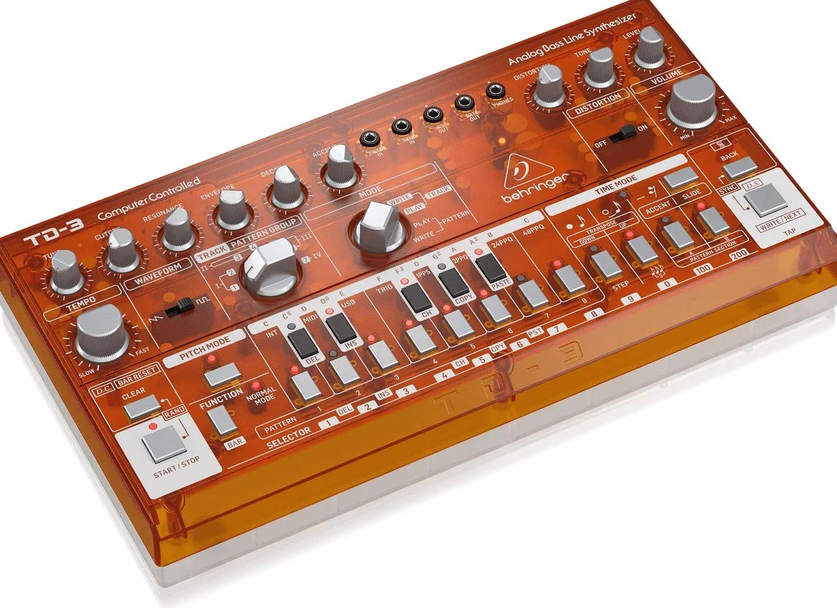 Behringer TD-3-TG Synthétiseur de ligne de basse analogique avec VCO, VCF, séquenceur 16 pas, effets de distorsion et chaîne poly 16 voix, compatible PC et Mac