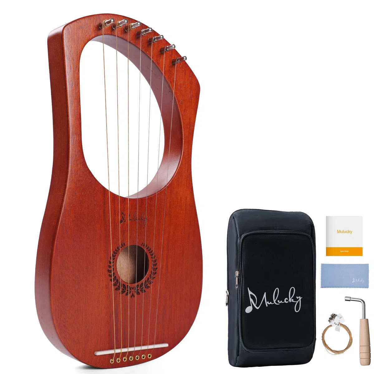 Mulucky Lyre Harp 7 cordes en métal en acier avec selle en os en acajou, Instrument lyre avec accordeur et sac de transport noir - MLH701
