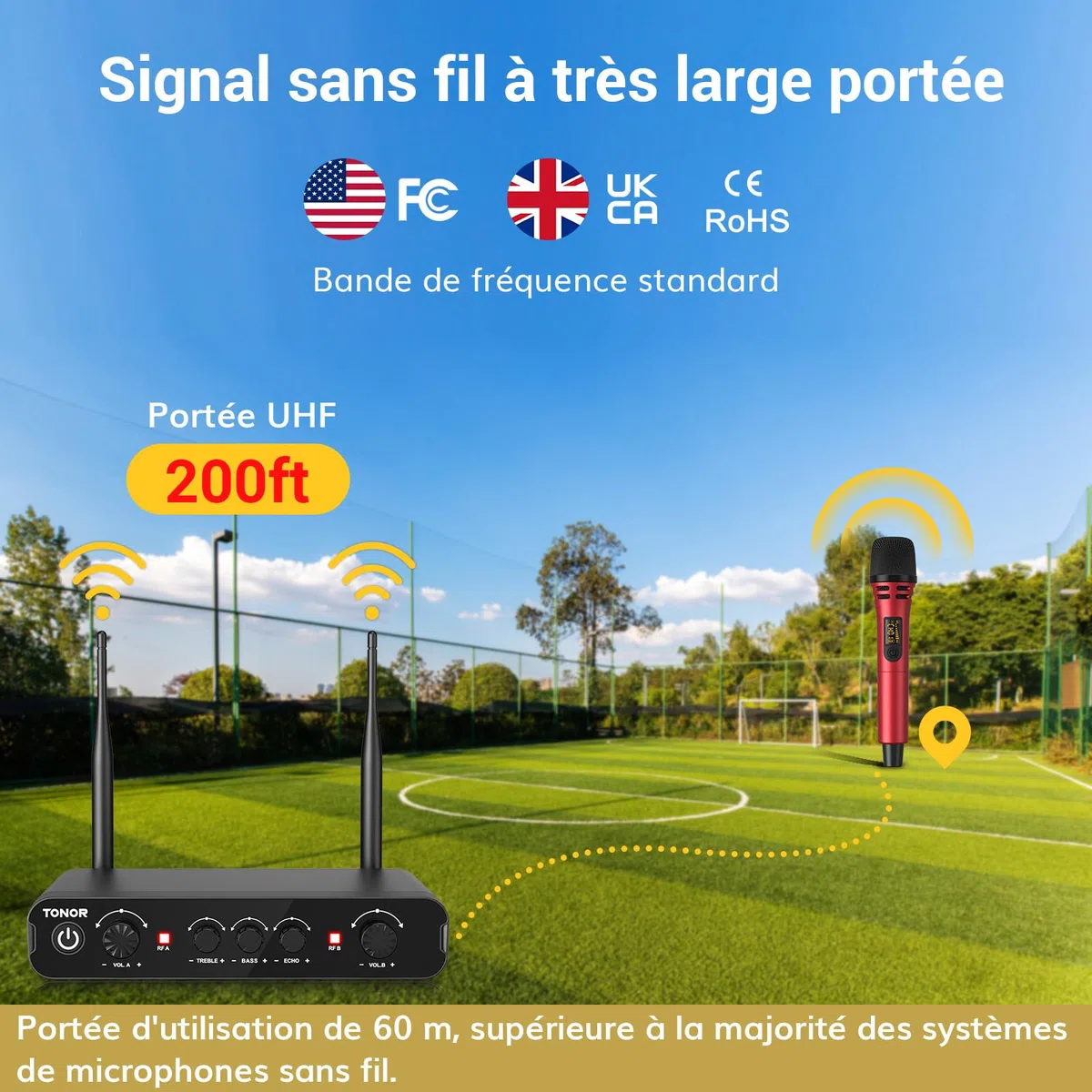 TONOR Micro Karaoke sans Fil, UHF Microphone Systèmes Dynamique Chant Portable à Main Double avec Récepteur pour Karaoké/Fête/Discours/Mariage/DJ Spectacles/Église/Conférences, 60M, Gris&Rouge,TW350