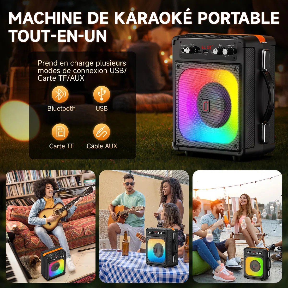 HWWR Enceinte Karaoke 2 Micro sans Fil, 60W Haut-Parleur Karaoke Complet avec Lumières de fête, Karaoke Adulte et Enfants, Portable Système Karaoké Support TWS/AUX/FM/USB/TF Carte