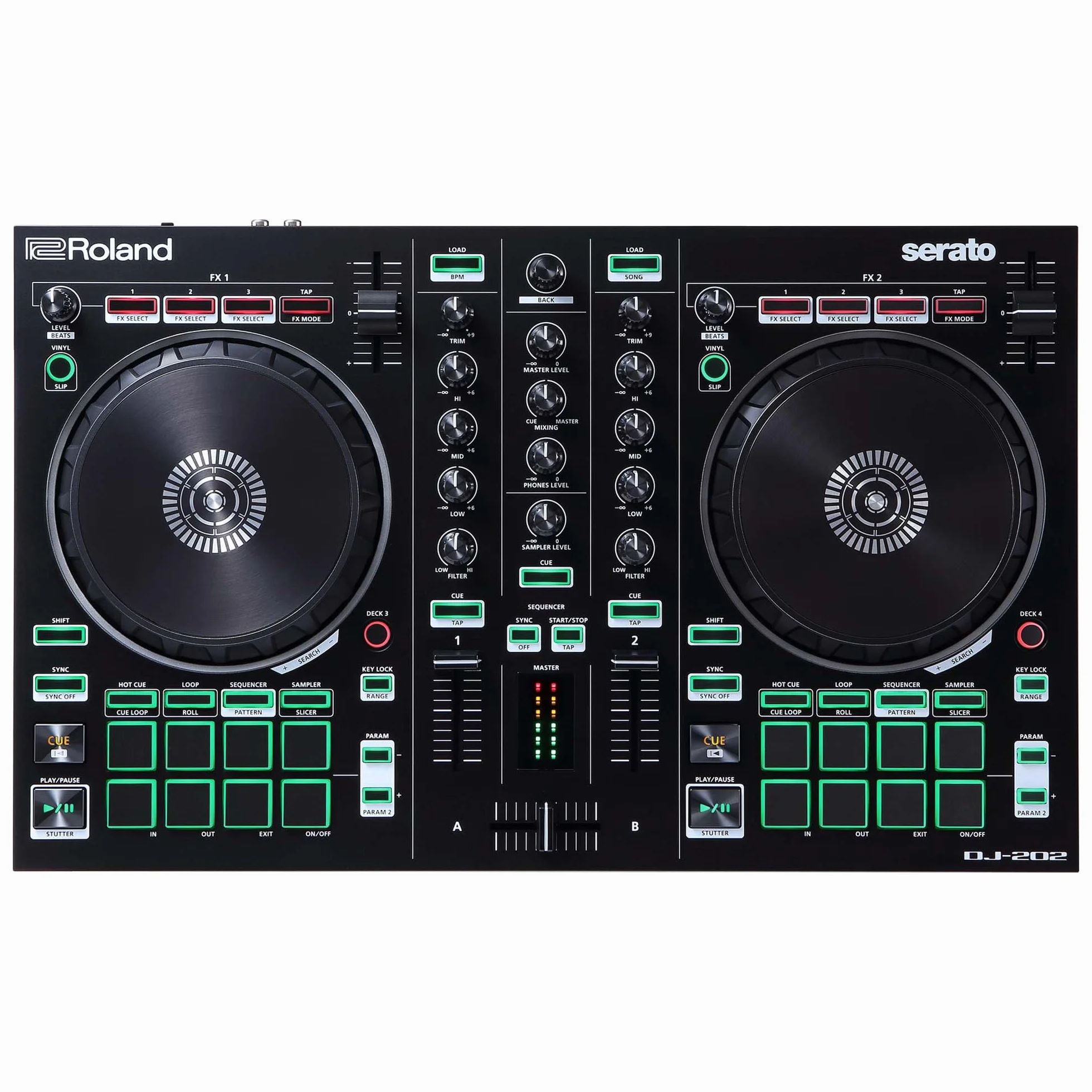 Roland DJ-202 | Contrôleur DJ compact | Contrôleur à 2 canaux et 4 decks pour Serato DJ Lite | De larges platines à faible latence | Les sons de batterie iconiques Roland | Compatible avec Spotify