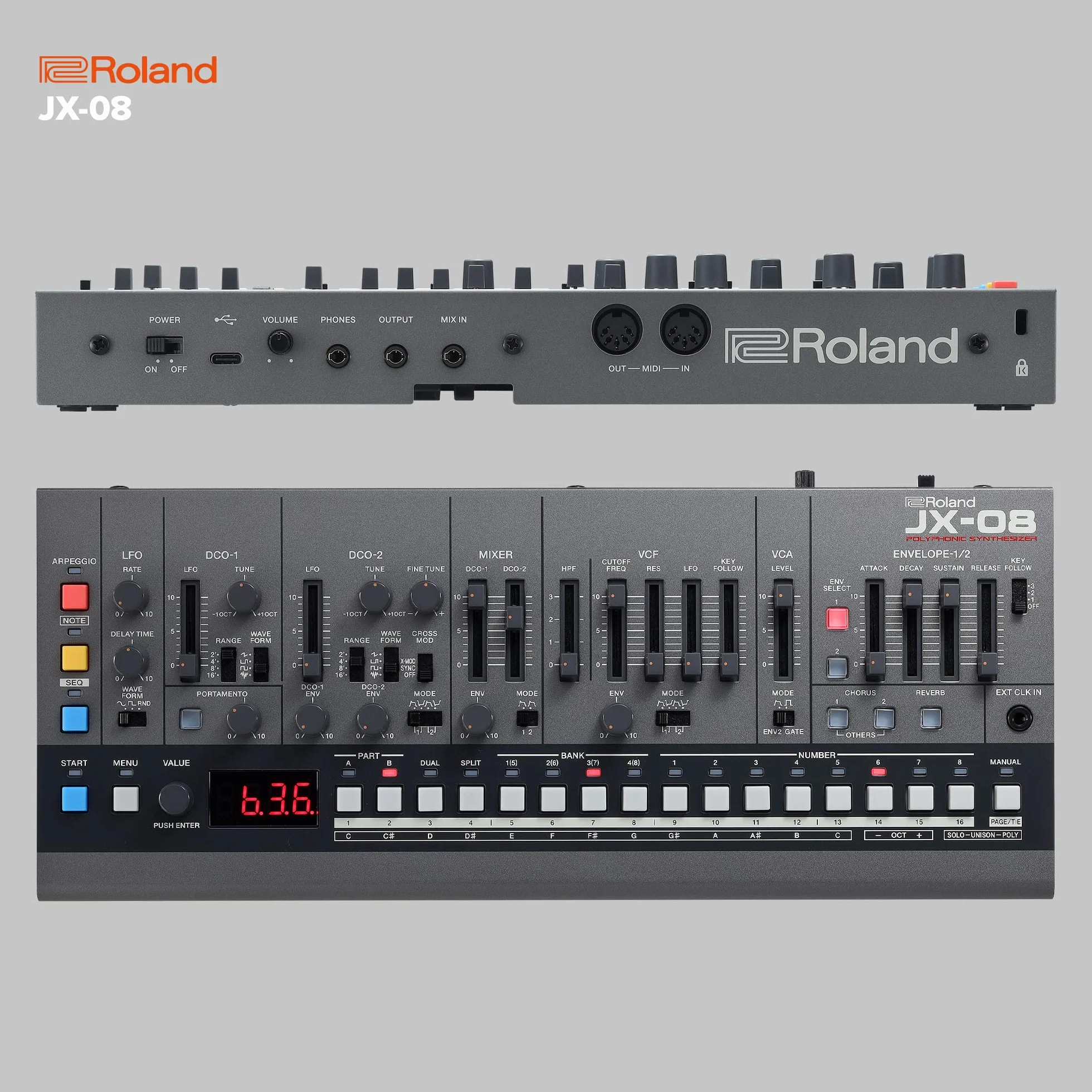 Module de sons de synthétiseur Roland Boutique JX-08 - Une version moderne et compacte du légendaire JX-8P Roland de 1985, avec de nouveaux effets et un séquenceur polyphonique - Léger, portable
