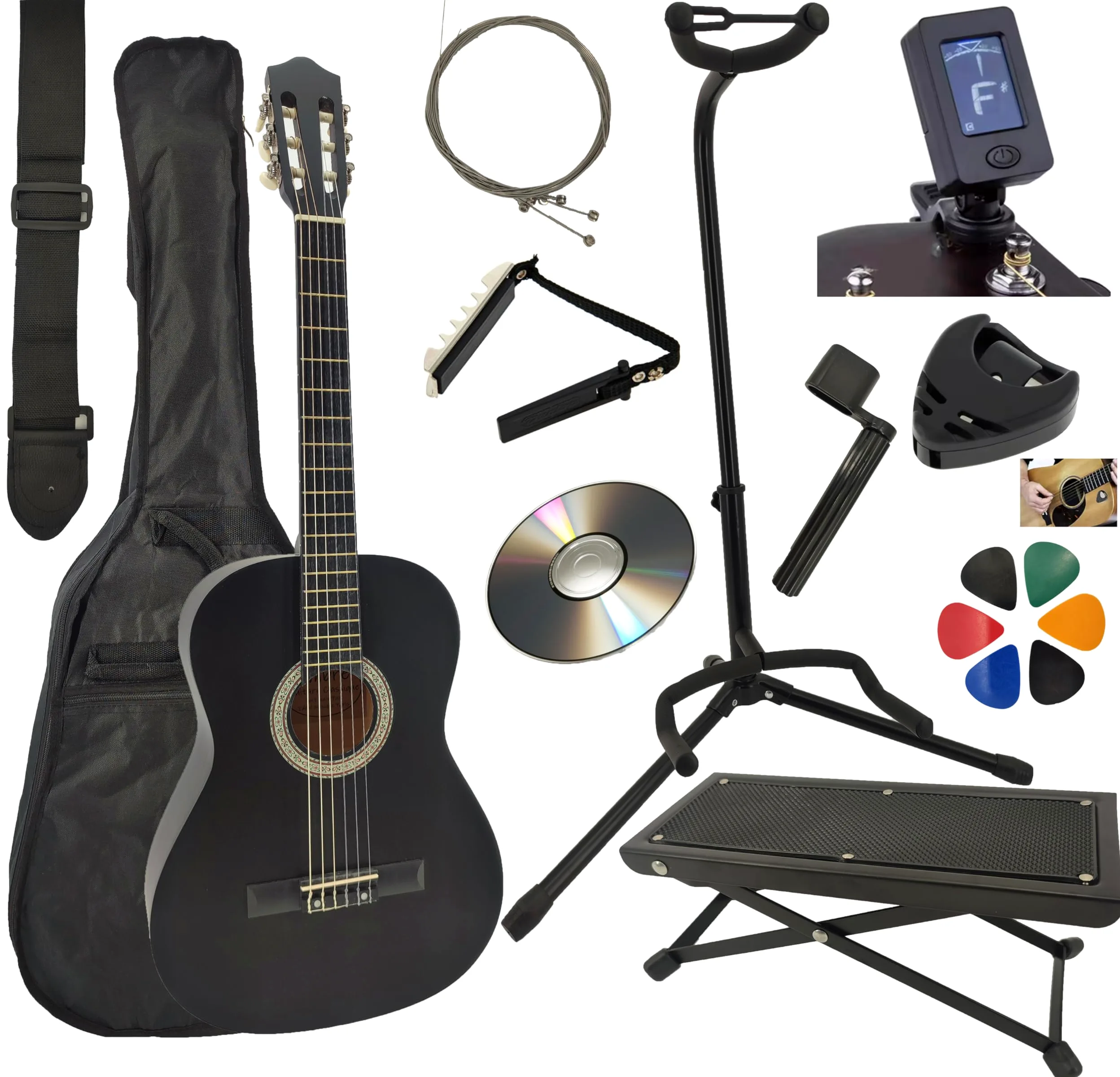 Pack Guitare Classique 4/4 (Adulte) 11 Accessoires Cour Vidéo et CD (Noir, Droit)