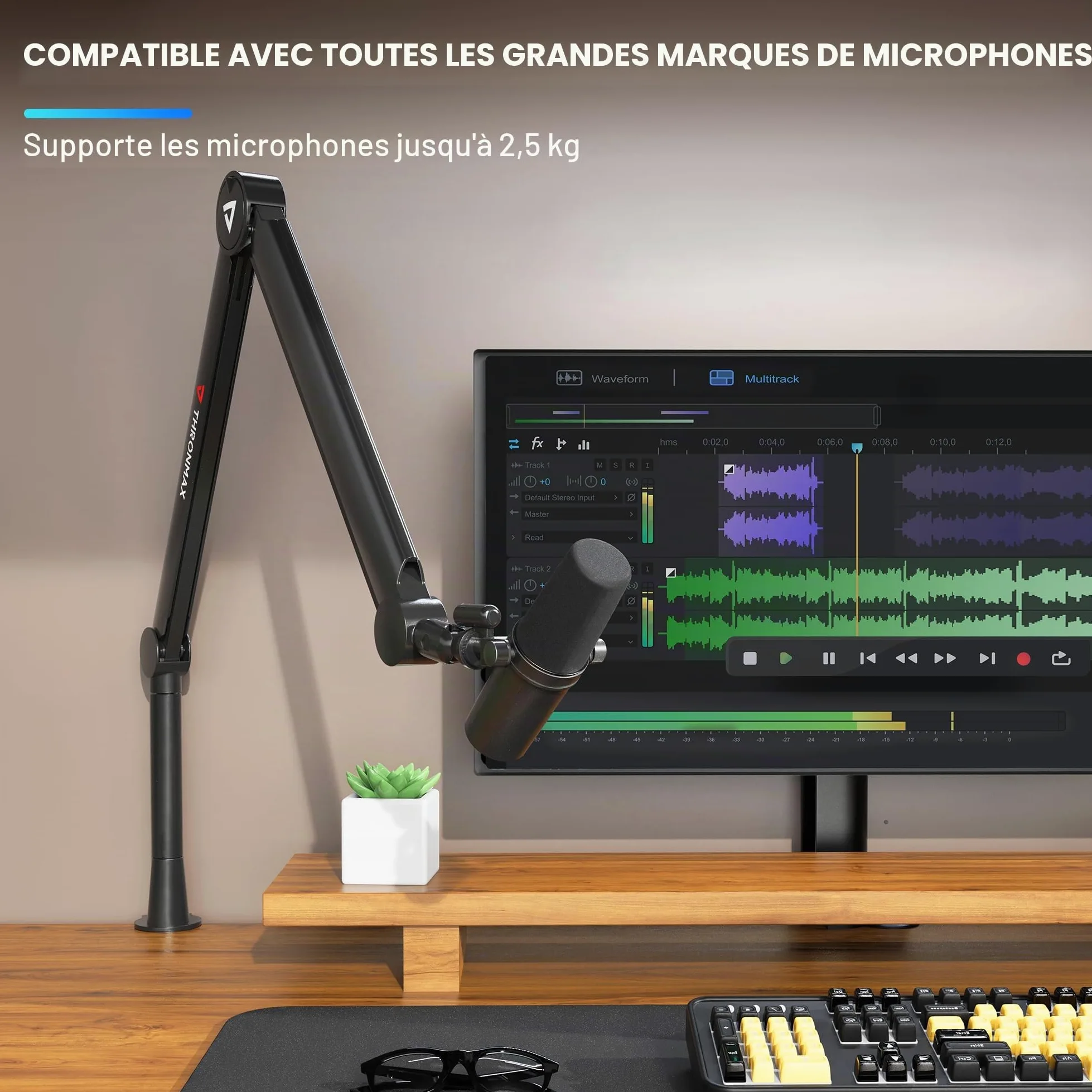 Thronmax-S8 Bras Micros, Supports pour Micros Réglable rotatif à 360 °, Pied de microphone à Ciseaux avec Câble Intégré en acier inoxydable pour Blu Yeti, 1/4“，3/8" to 5/8" Universelle