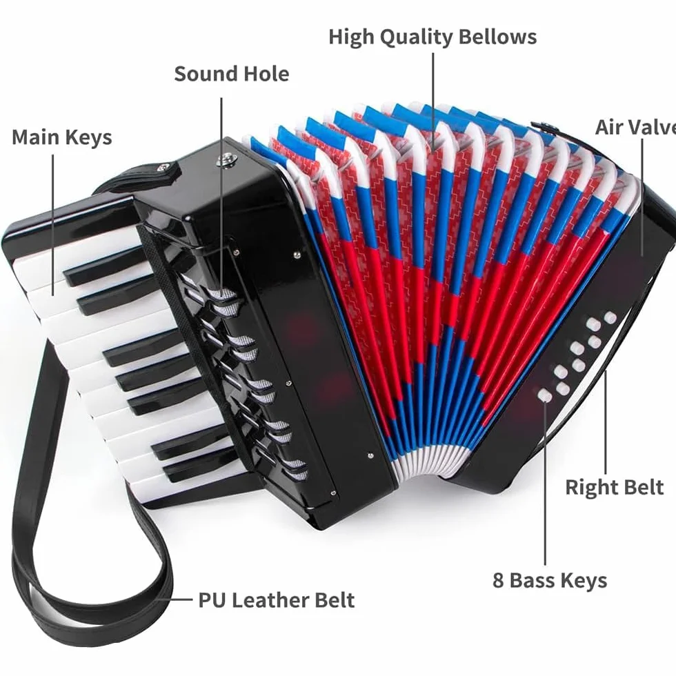 Accordeon Enfant，Accordeon，Accordéon Piano 17 Touches 8 Basses Instrument de Musique Avec Sangle en Cuir Rétractable，Convient aux Débutants, Aux Adultes Ou Aux Étudiants Instruments Éducatifs, Cadeaux