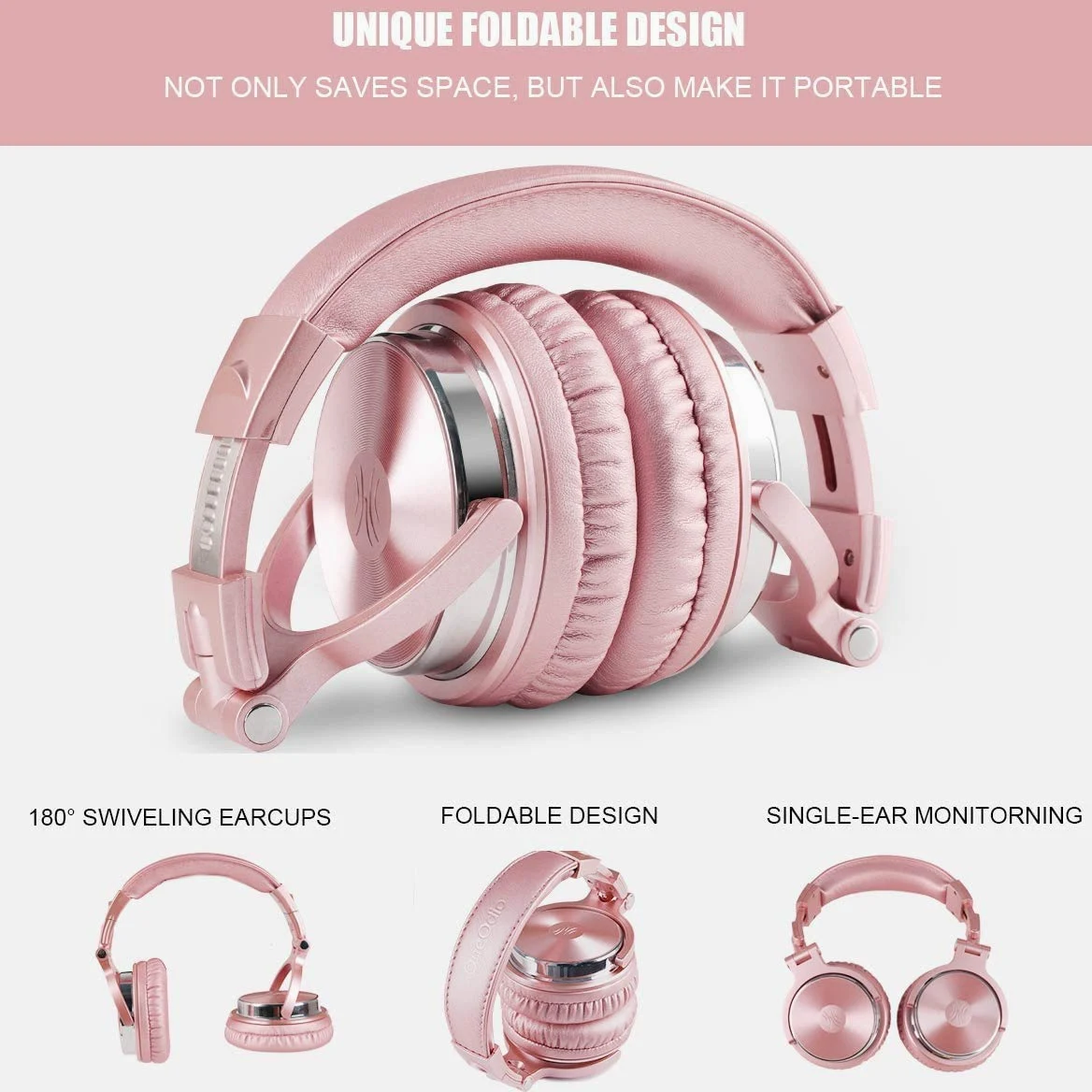 OneOdio Casque supra-auriculaire filaire de studio avec pilote de 50 mm, casque pliable léger avec Shareport et micro pour enregistrement DJ, surveillance, mixage, podcast, guitare, PC, TV (rose doré)