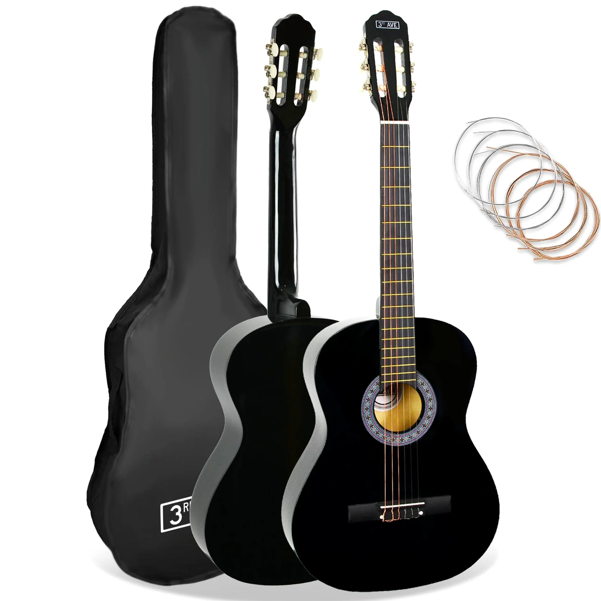 3rd Avenue Guitare Classique 4/4 Pleine Grandeur Avec Cordes En Nylon Espagnol Pour Débutant - 6 Mois De Cours Gratuits, Sac, Cordes - Noir