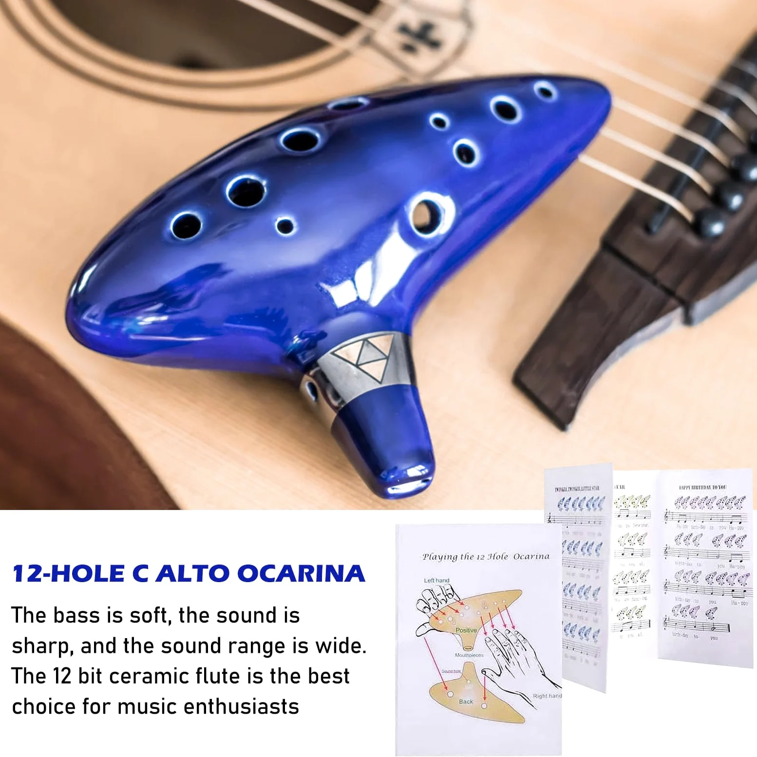 Nizirioo Ocarina, 12 Trous Alto C Ocarina, Céramique Piccolo Instrument Avec Présentoir En Forme De Main, Sac De Protection, Lanière Tour De Cou Et Livre De Chansons (Bleu)