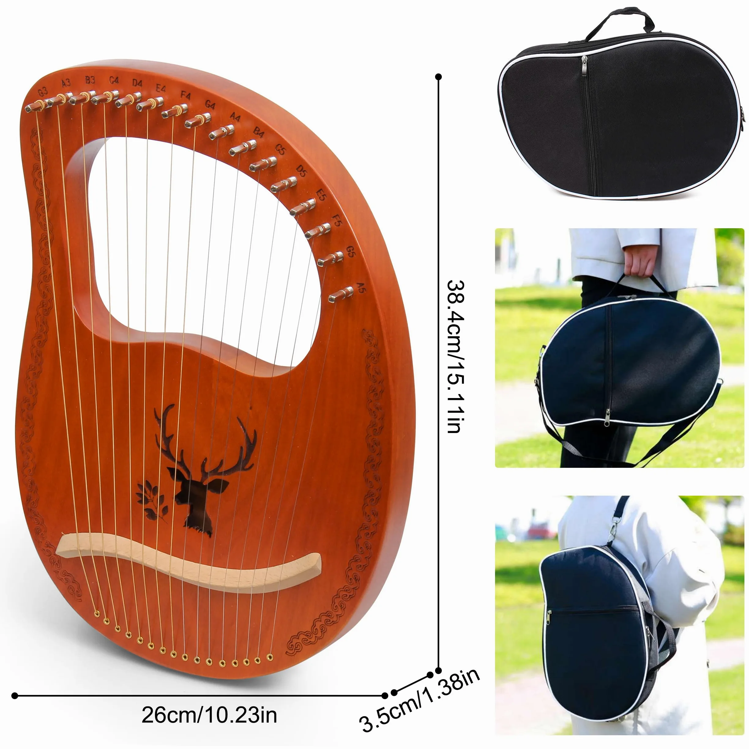 Lyre Harpe 16 Cordes Métalliques en Acajou Petite Harpe Portable Harpe Lyre Métal Selle avec Clé de Réglage et Housse Noire, Marron, Motif d'élan