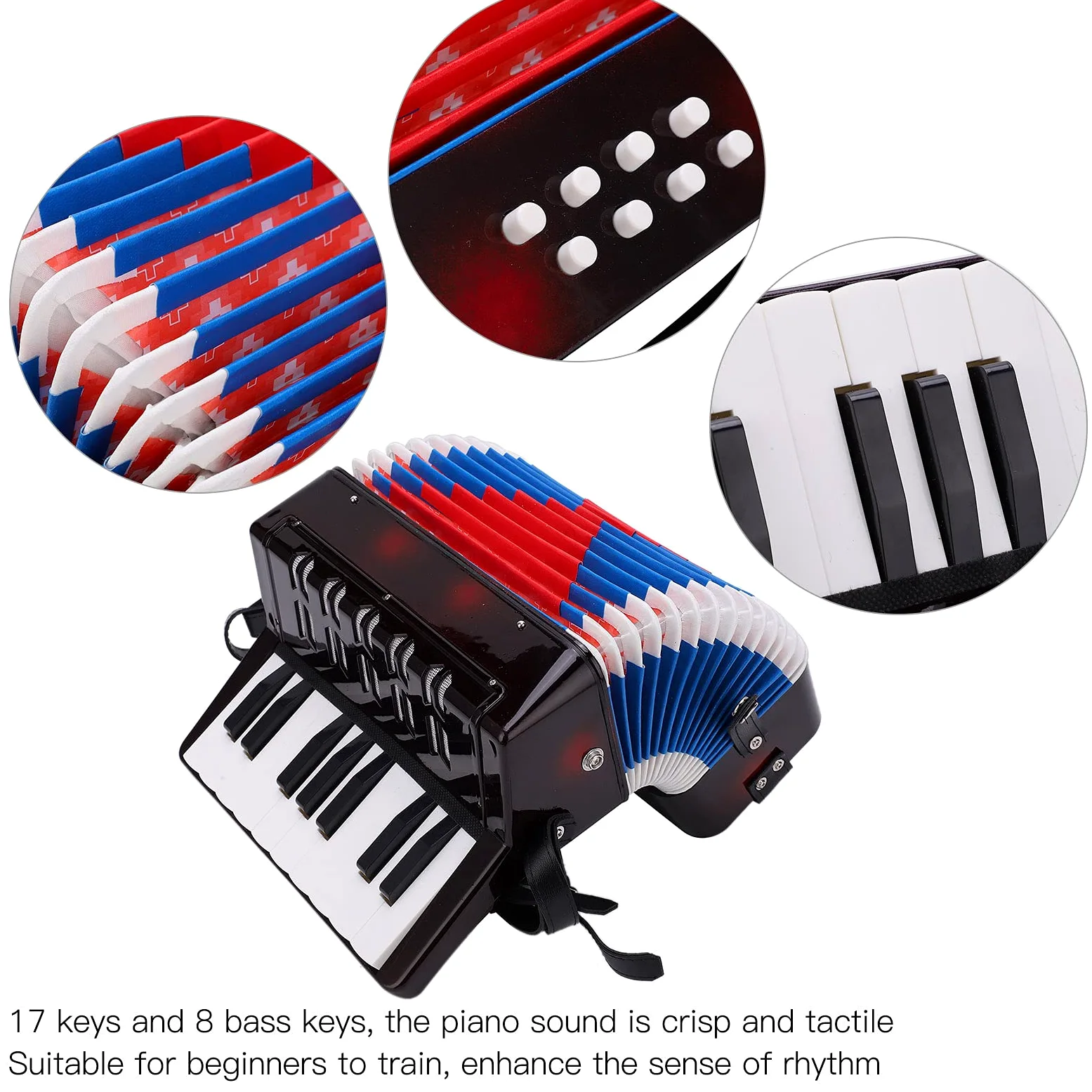 Accordéon piano 17 touches 8 basses instrument de musique avec sangle en cuir rétractable, entraînement rythmique pour débutants et étudiants