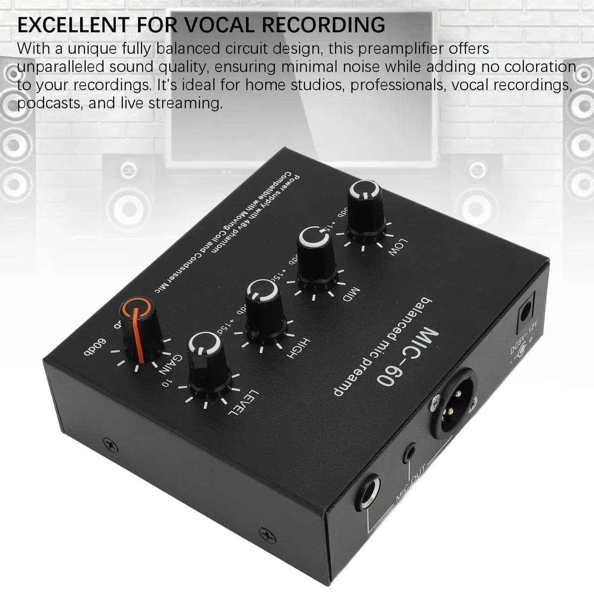 Préampli Micro, 60 DB Gain élevé, 48V Power, 3,5mm/6,35mm/XLR Sortie, Préamplificateur de Microphone, Préampli Microphone pour Micro à Condenseur et Dynamique (Prise UE)
