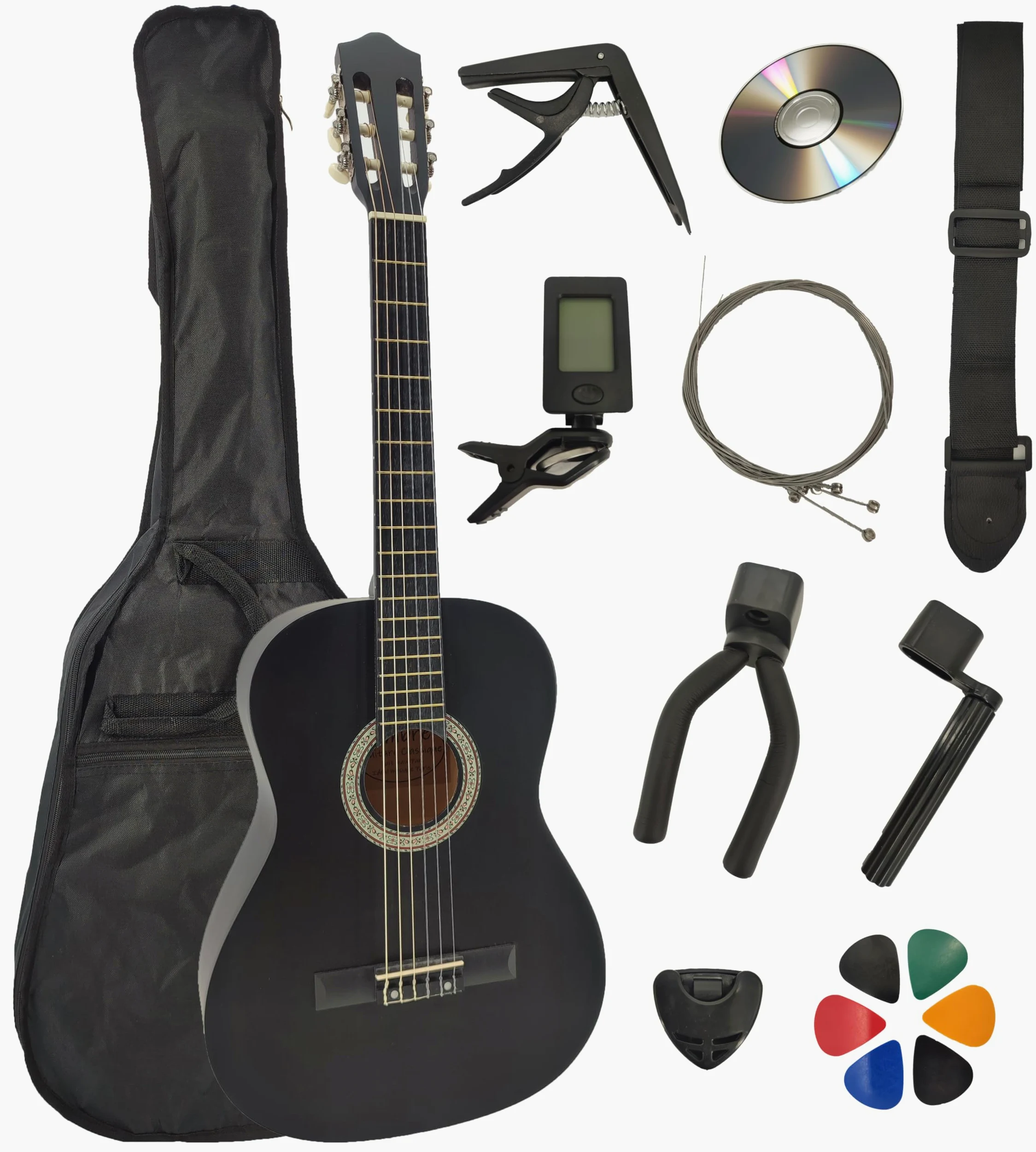 Pack Guitare Classique 4/4 (Adulte) 10 Accessoires Cour Vidéo et CD (Noir, Droit)