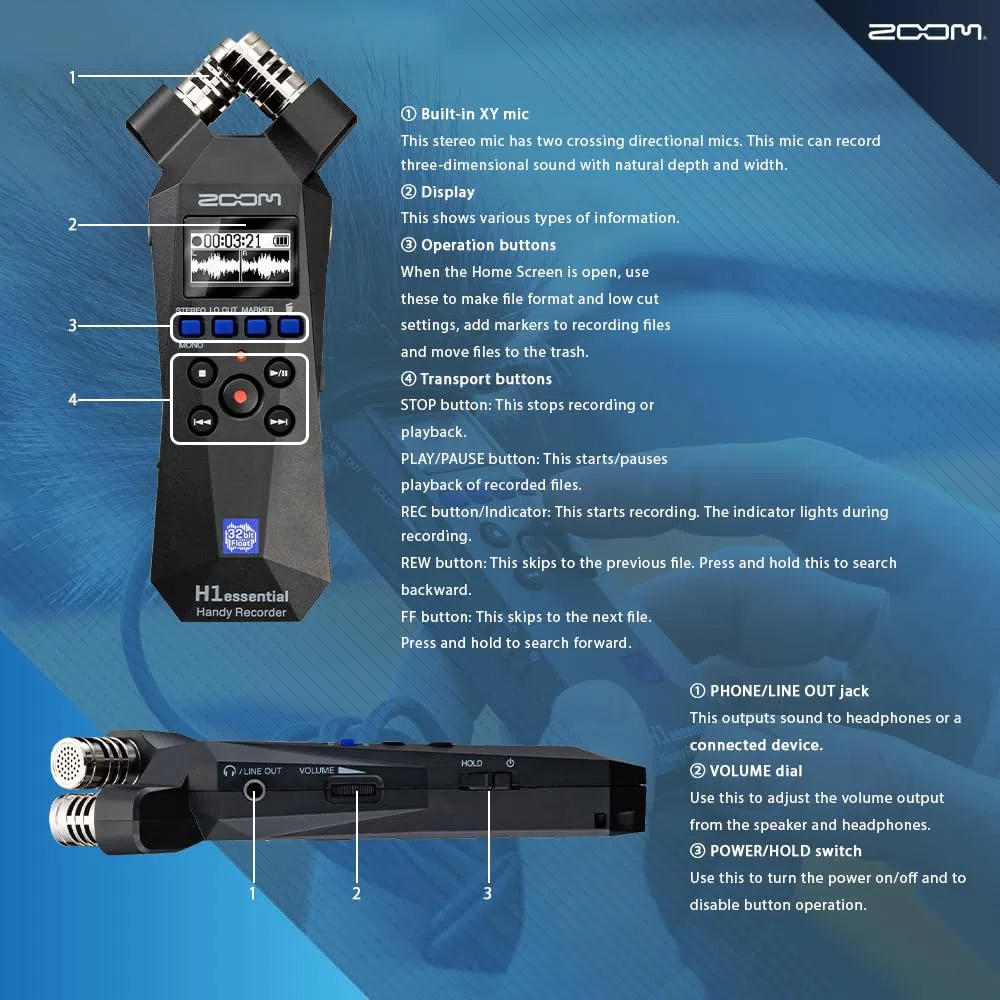 Zoom H1essential Enregistreur stéréo pratique, enregistreur audio portable H1 Essential (H1E) flottant 32 bits, microphone USB et X/Y, SD 64 Go, trépied, micro à condensateur, manchon de micro et plus
