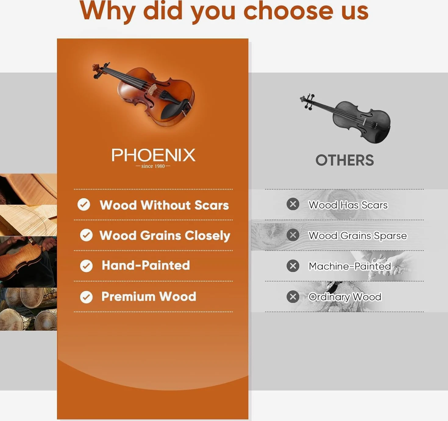 PHOENIX Violon 4/4 adulte Kit complet pour, Ensemble de Violon Pour Débutants Adultes Avec archet En Bois de Rose, Cordes et Chevalet Supplémentaires,Une Série D'accessoires (Plywood, Full)