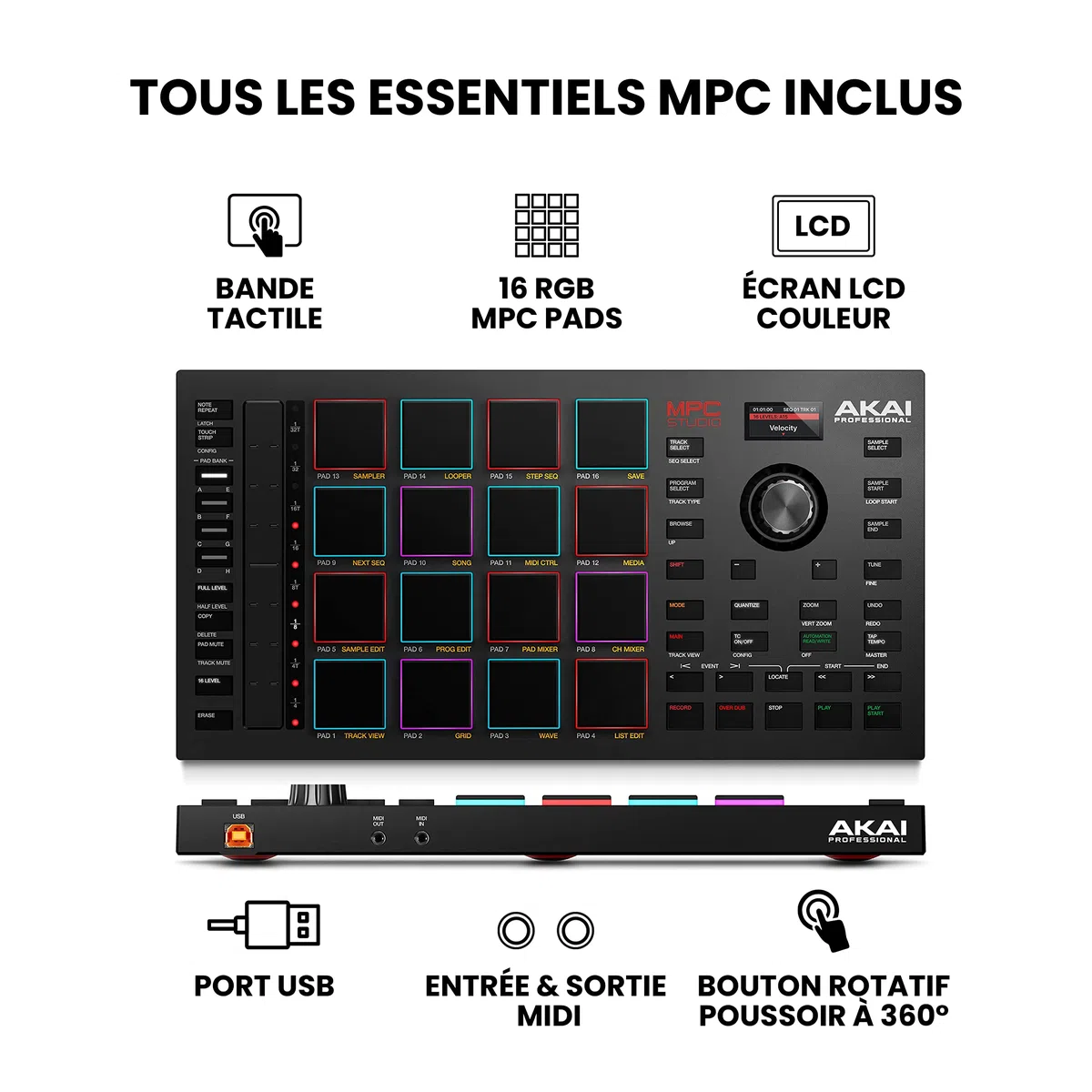 Akai Professional MPC Studio - Contrôleur MIDI Beat Maker avec 16 pads RVB sensibles à la vélocité, logiciel MPC, Touch Strip assignable et écran LCD