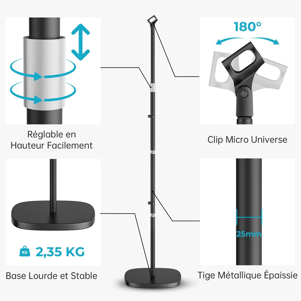 Support de Microphone - Pied de Micro Universel avec Base Ponderée Compacte, 2 Clipss Universels, Hauteur Réglable de 55 à 170 cm Pour Karaoké, Spectacles, Animations en Extérieur et Scènes