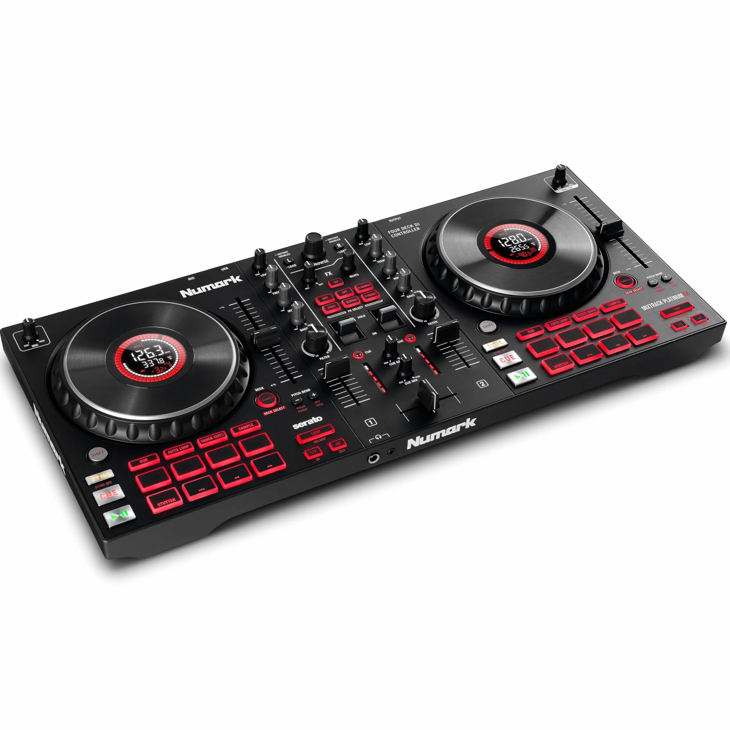 Numark Mixtrack Platinum FX - Contrôleur DJ 4 decks, table de mixage, carte son intégrée, platines DJ tactiles avec écran et large palette d'effets
